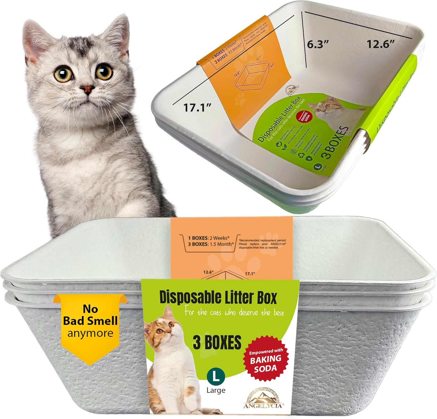 ANGELYCIA Cajas de arena desechables para gatos, efecto de bicarbonato de sodio y máximo control de olores, 17.1 pulgadas de largo, 12.6 pulgadas de