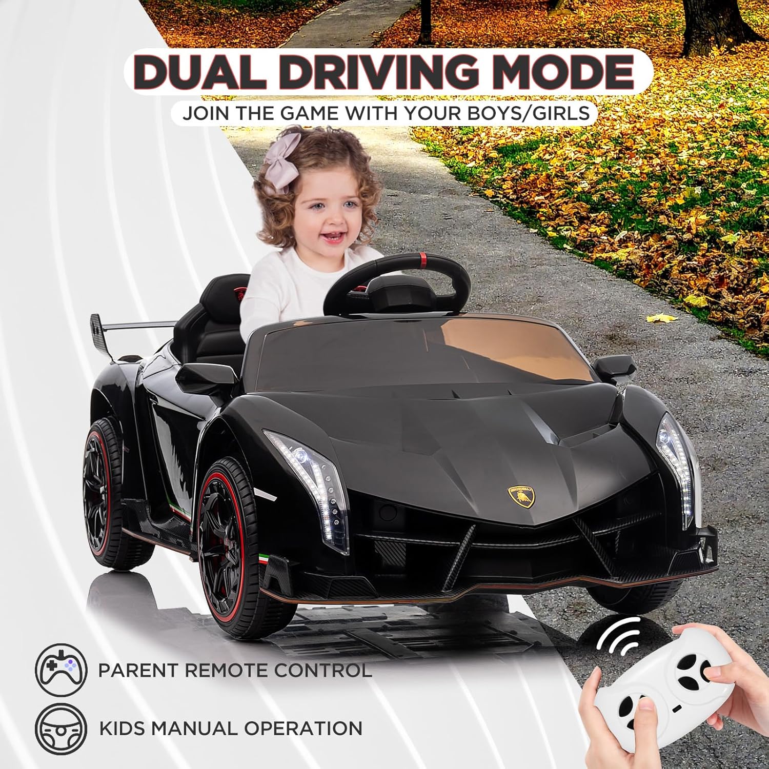 Lamborghini Venono – Coche eléctrico para niños con licencia de 12 V con control remoto para padres, puerta de tijera, 3 velocidades, faros LED,