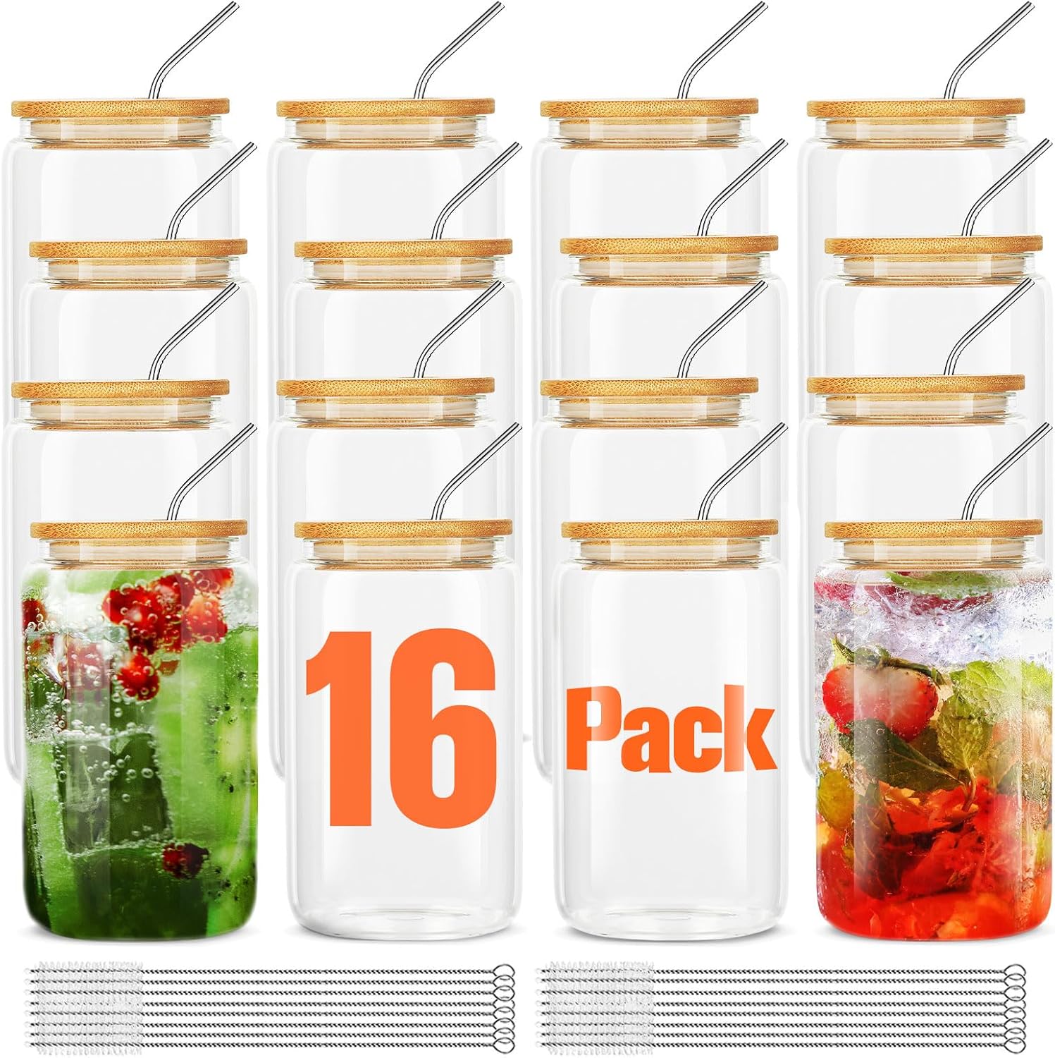 ASKIZ Juego de 16 piezas Vasos de vidrio con tapas y pajitas de bambú, botellas de agua de vidrio de 16 onzas, tarros de vidrio, vasos para beber,