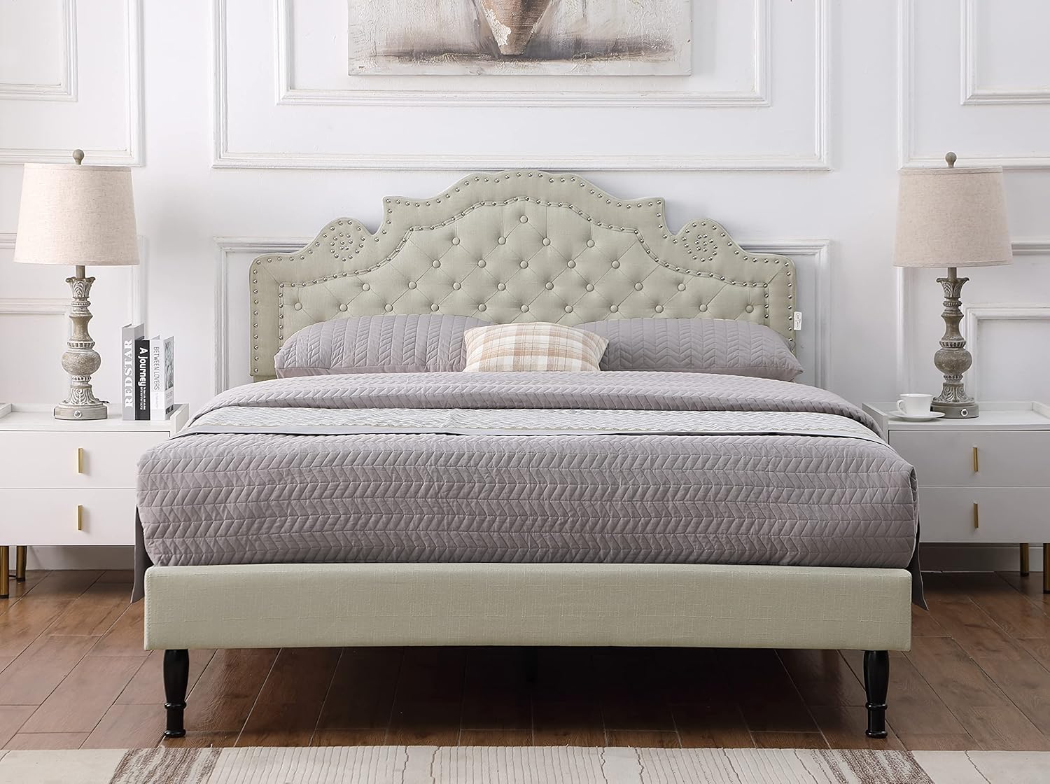 Base de cama de plataforma tapizada tamaño Queen con cabecero ajustable de 47 pulgadas de alto, cama de lino copetuda con botones, soporte de
