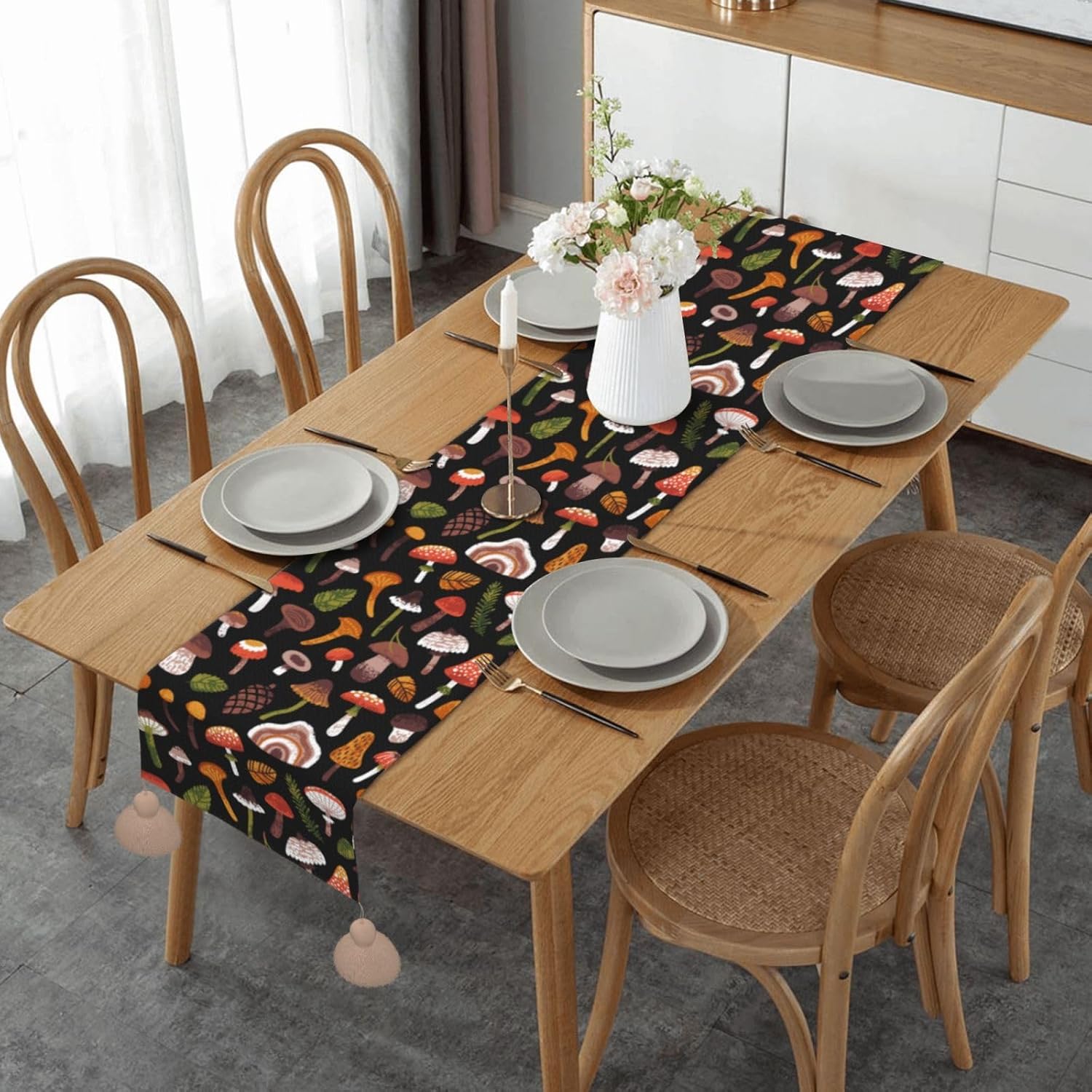 Camino de mesa de Navidad con hongos y hojas, decoración de mesa de comedor, decoración de Navidad, decoración de interiores del hogar, caminos de