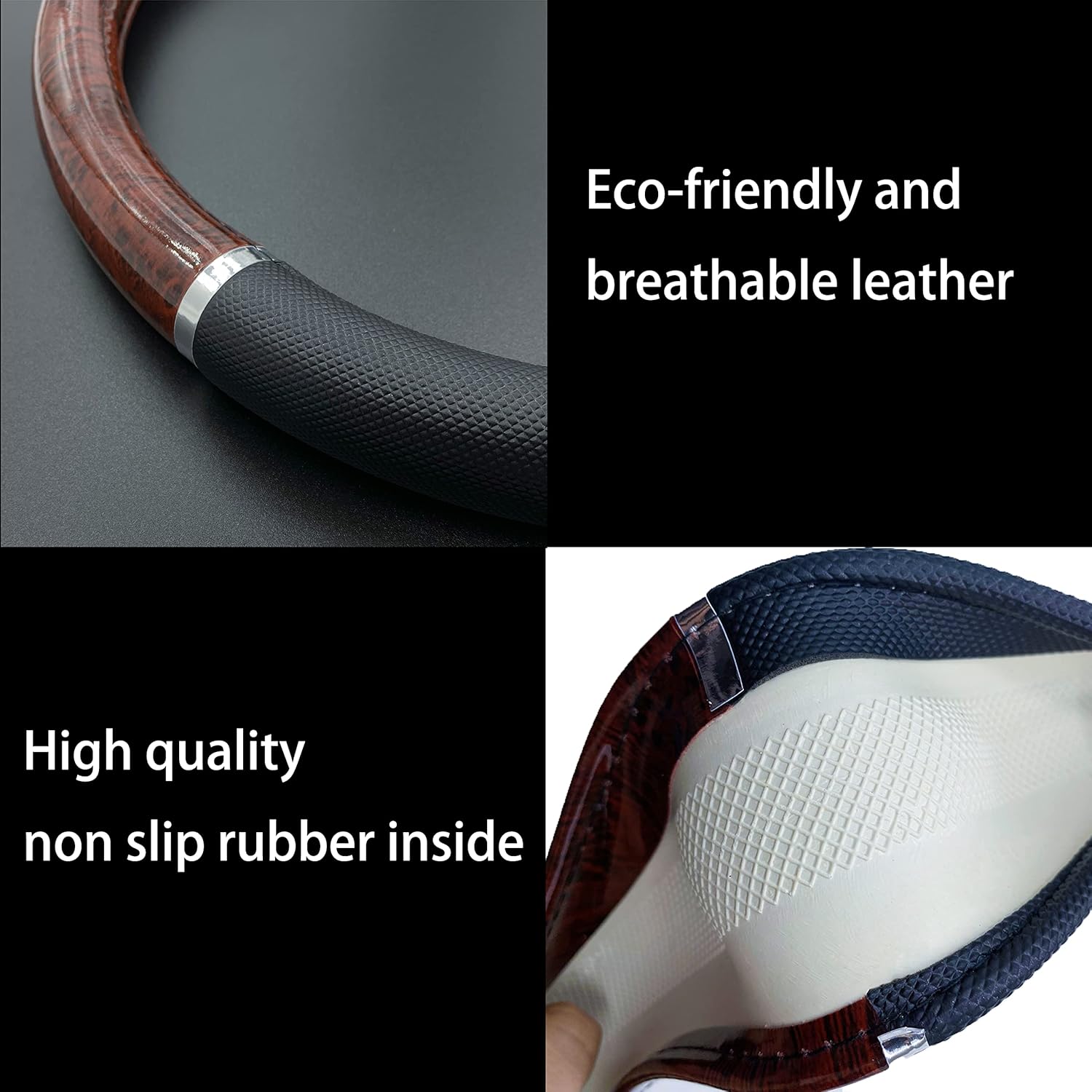Funda para volante de cuero de grano de madera, color marrón y negro, elástica, elástica, protector de rueda de automóvil, SUV, transpirable,