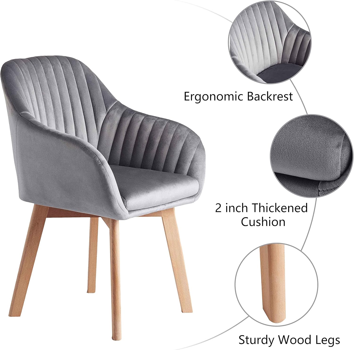 Juego de 2 sillas de terciopelo con acento moderno, con reposabrazos tapizados, para comedor, sala de estar, cocina, color gris