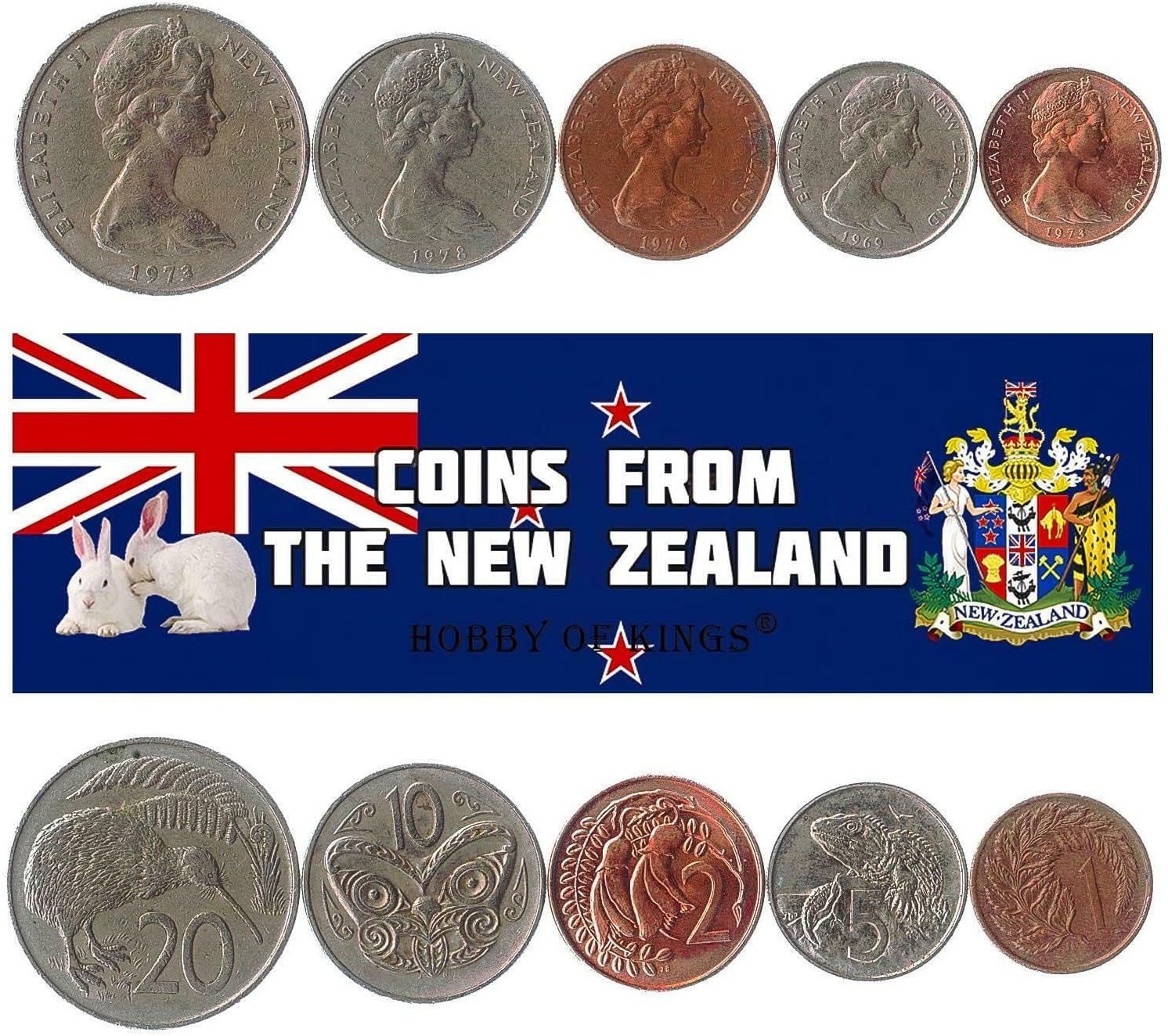 Nueva Zelanda 5 monedas mixtas  1 a 20 centavos  Moneda neozelandesa desde 1967