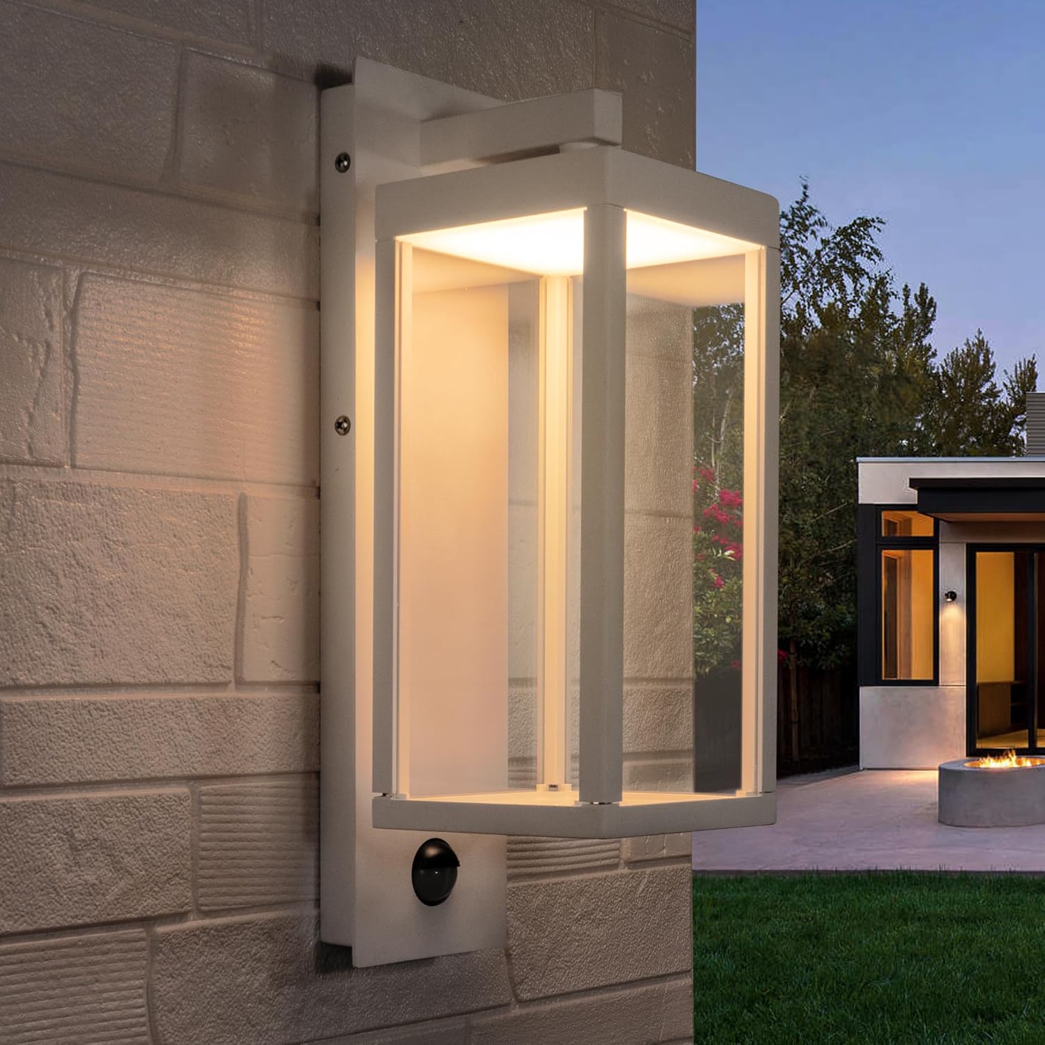 Luces de pared con sensor de movimiento para exteriores, lámpara LED moderna de 15 pulgadas, lámpara de porche blanca IP54 impermeable con vidrio
