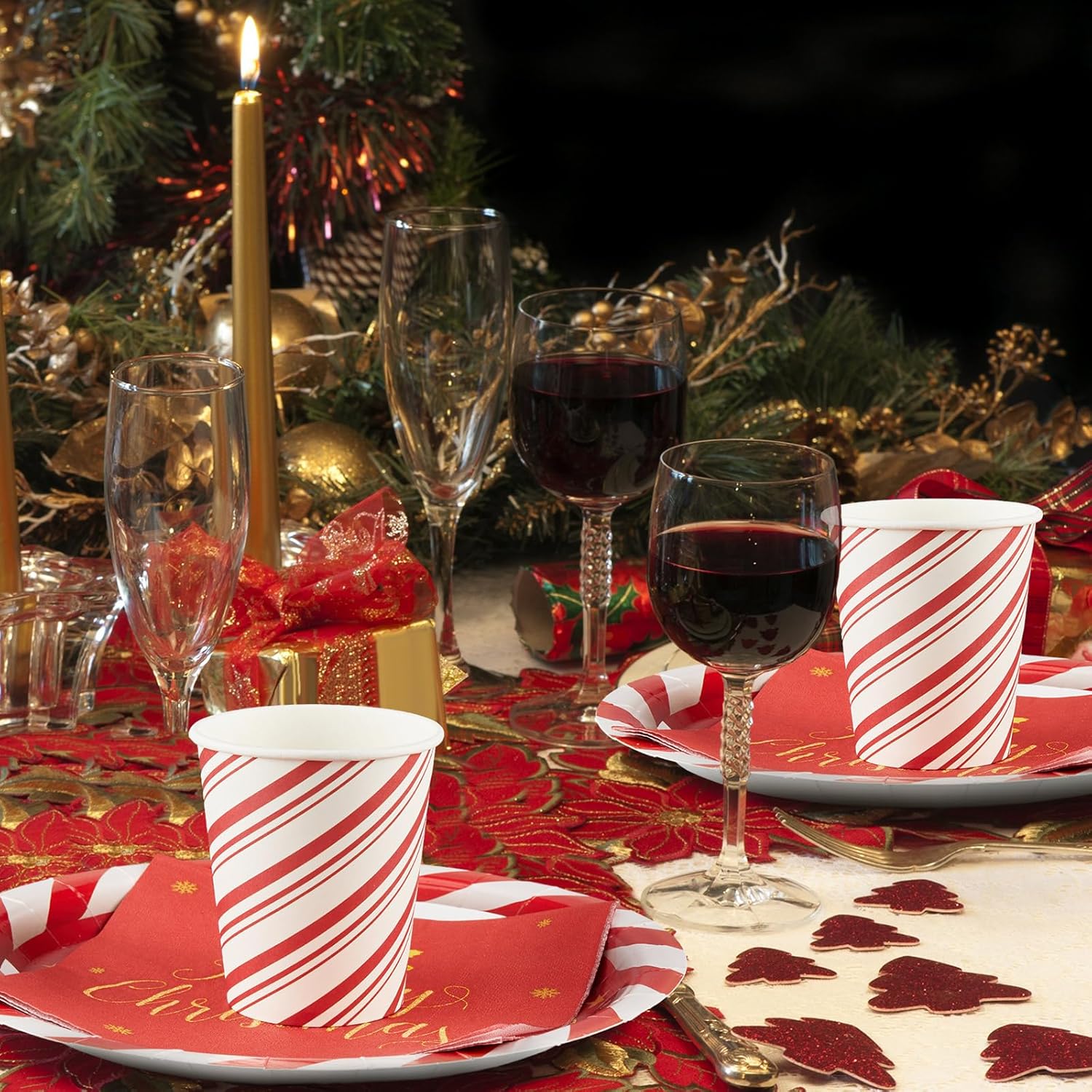 Juego de vajilla de 200 piezas para fiesta de Navidad, bastón de caramelo, a rayas, para 50 platos de papel desechables de 9 pulgadas, taza de 9