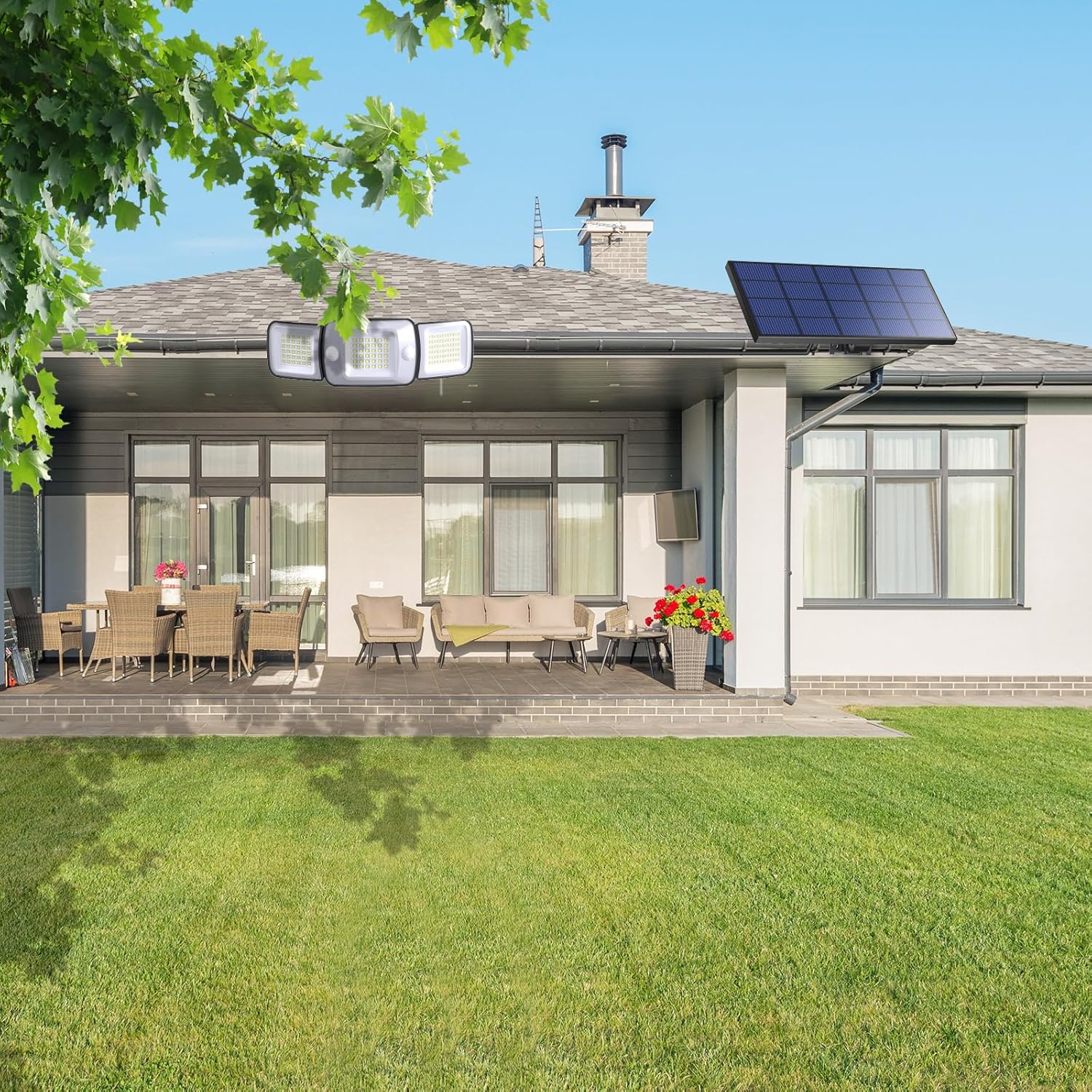 intelamp Luces solares impermeables para exteriores con control remoto, 6000mAh 1200LM luz solar con sensor de movimiento para exteriores, luces