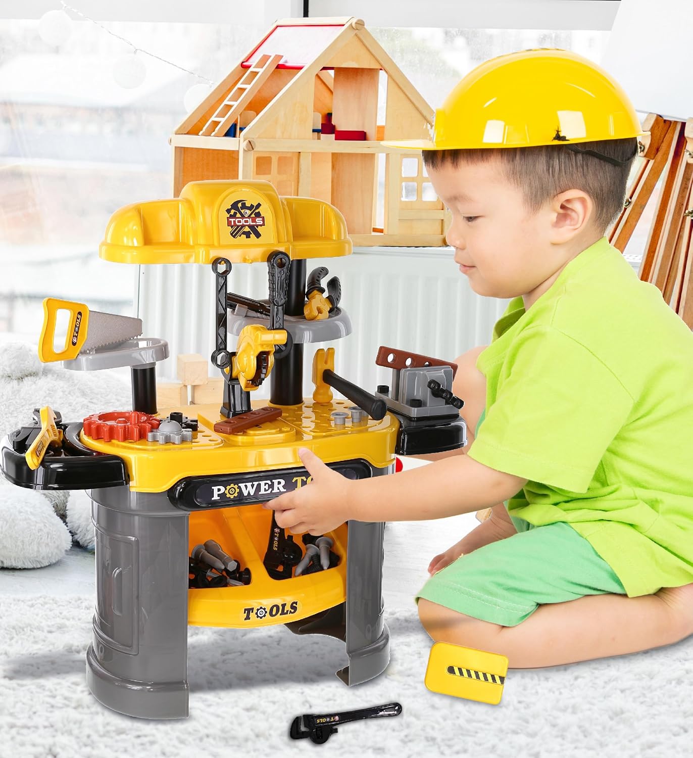 Mozlly Banco de herramientas eléctricas para niños, caja de banco de trabajo para niños con cinturón, juguete de motosierra y más juguetes de