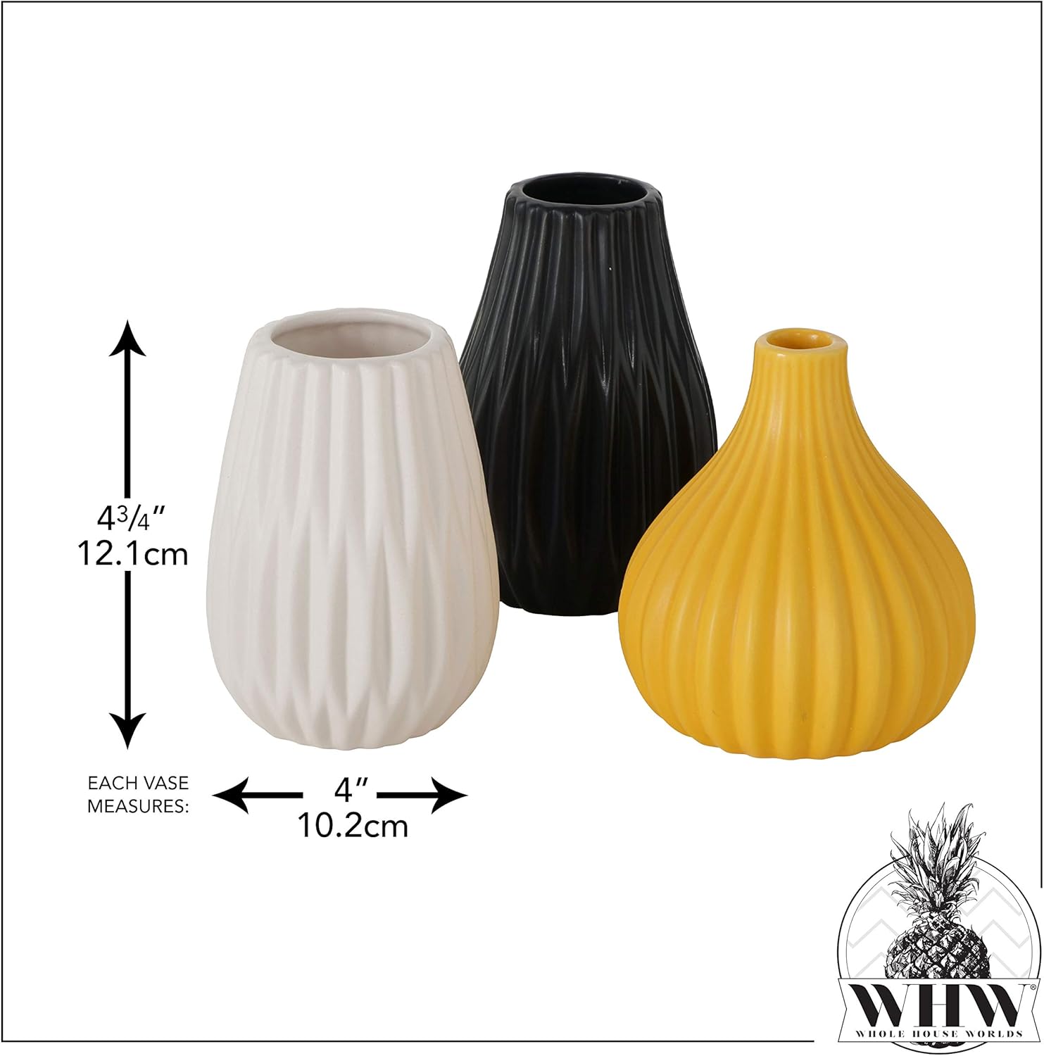 Juego de 3 jarrones icónicos Scandi para bebé, estriados, color amarillo empapado, blanco y negro, 4 de diámetro x 4.75 pulgadas de alto, diseño