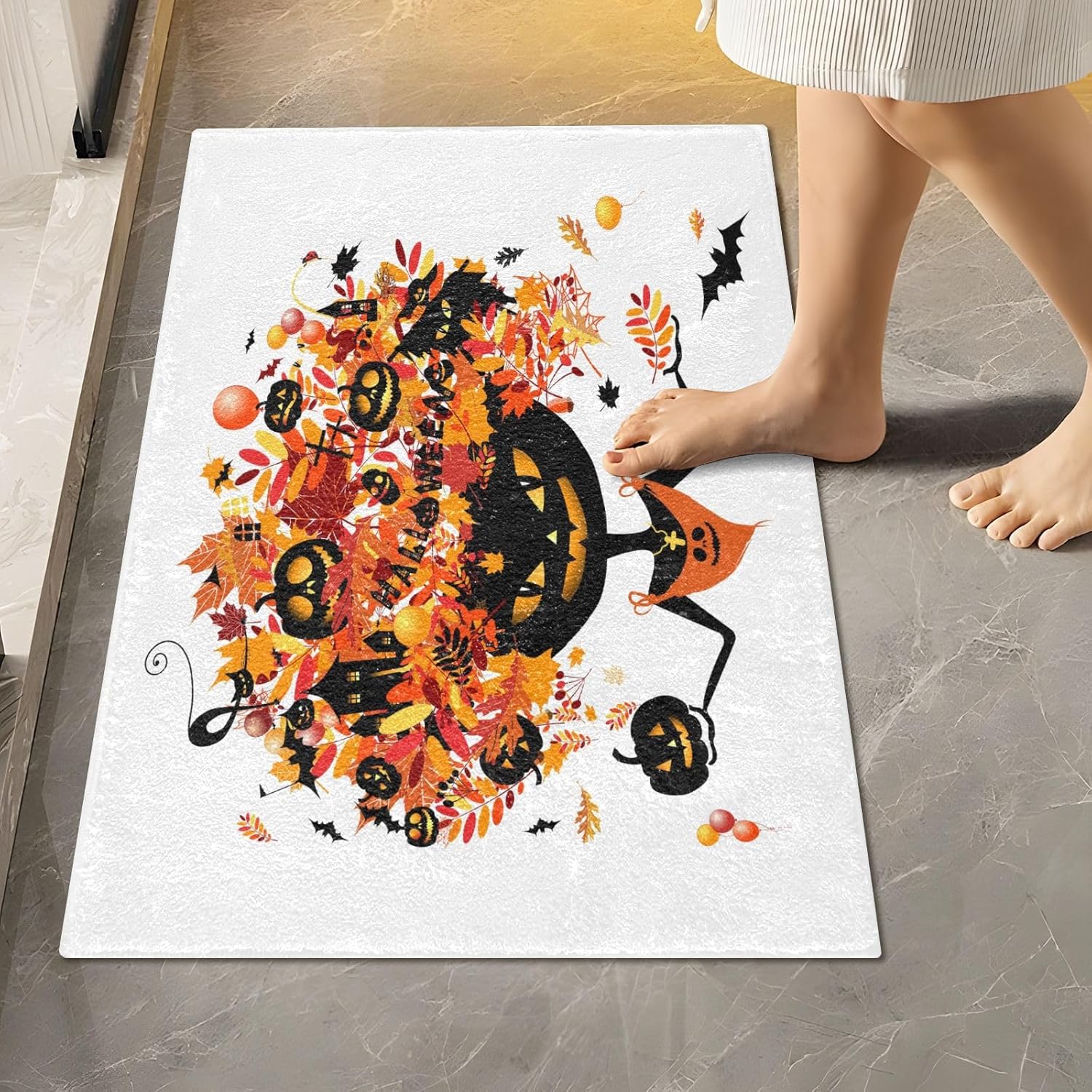 Bathroom Rugs Sets 2 Piece 24×16+24×20 Inch,Soft U-Shaped Contour Toilet Rug Halloween Pumpkin Head Non-Slip Absorbent Bath Floor Mat Carpet Set