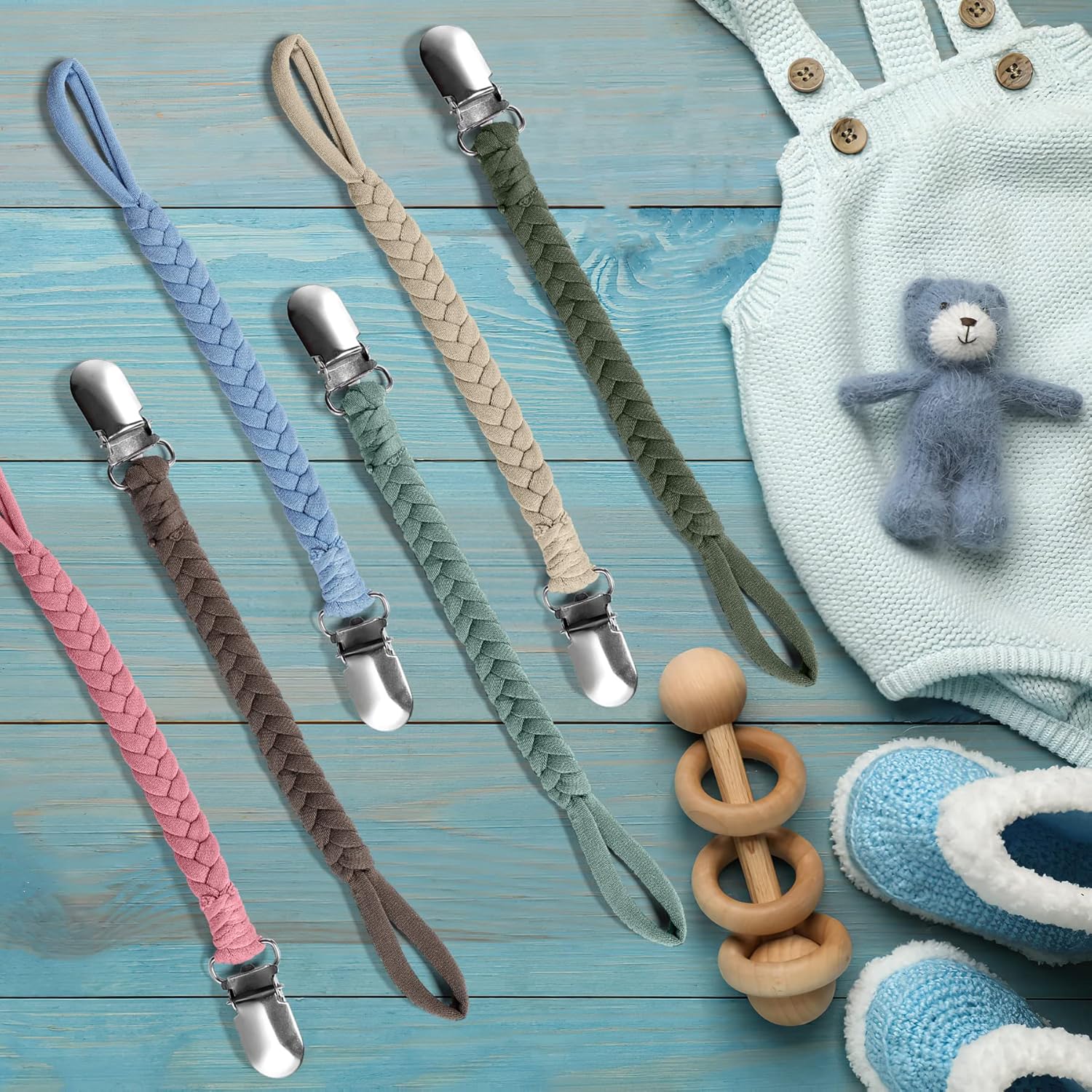 HAUTOCO 6 clips para chupete para bebés, niños y niñas, hecho a mano, trenzados, clips para correa, clips más suaves, clip neutro para paci, se