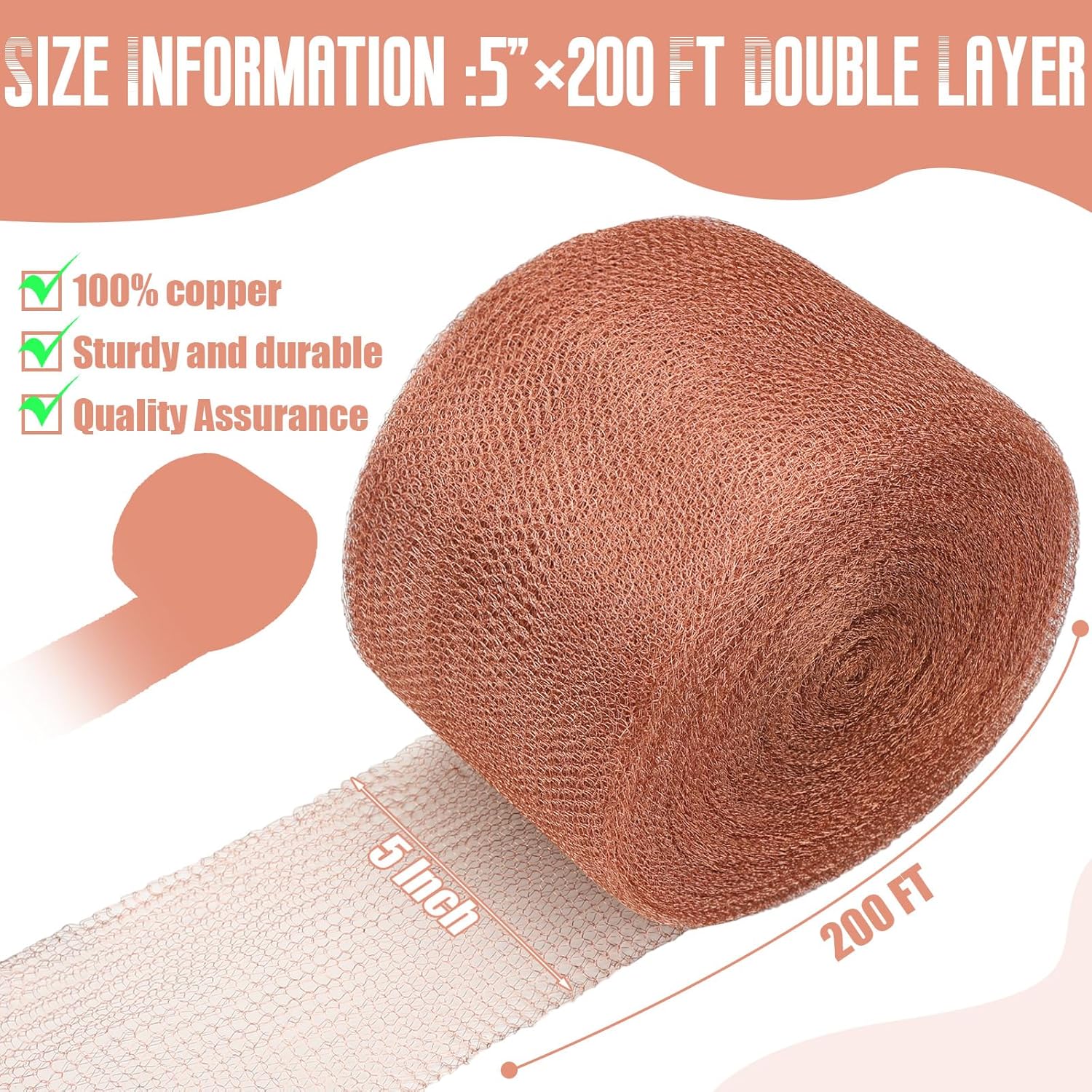 Malla de cobre de 5 pulgadas x 200 pies, rollo de malla de cobre para destilar, tejido de cobre de punto, relleno de agujero para ratón, malla de