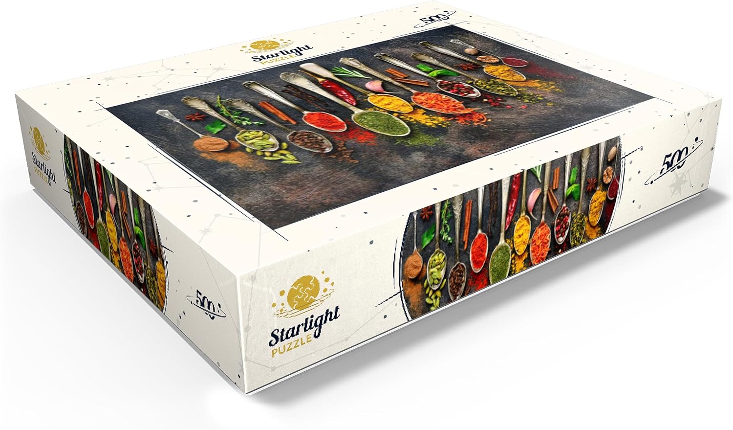 MyPuzzle – Surtido de especias naturales en cucharas vintage en pizarra oscura, rompecabezas prémium de 500 piezas para adultos