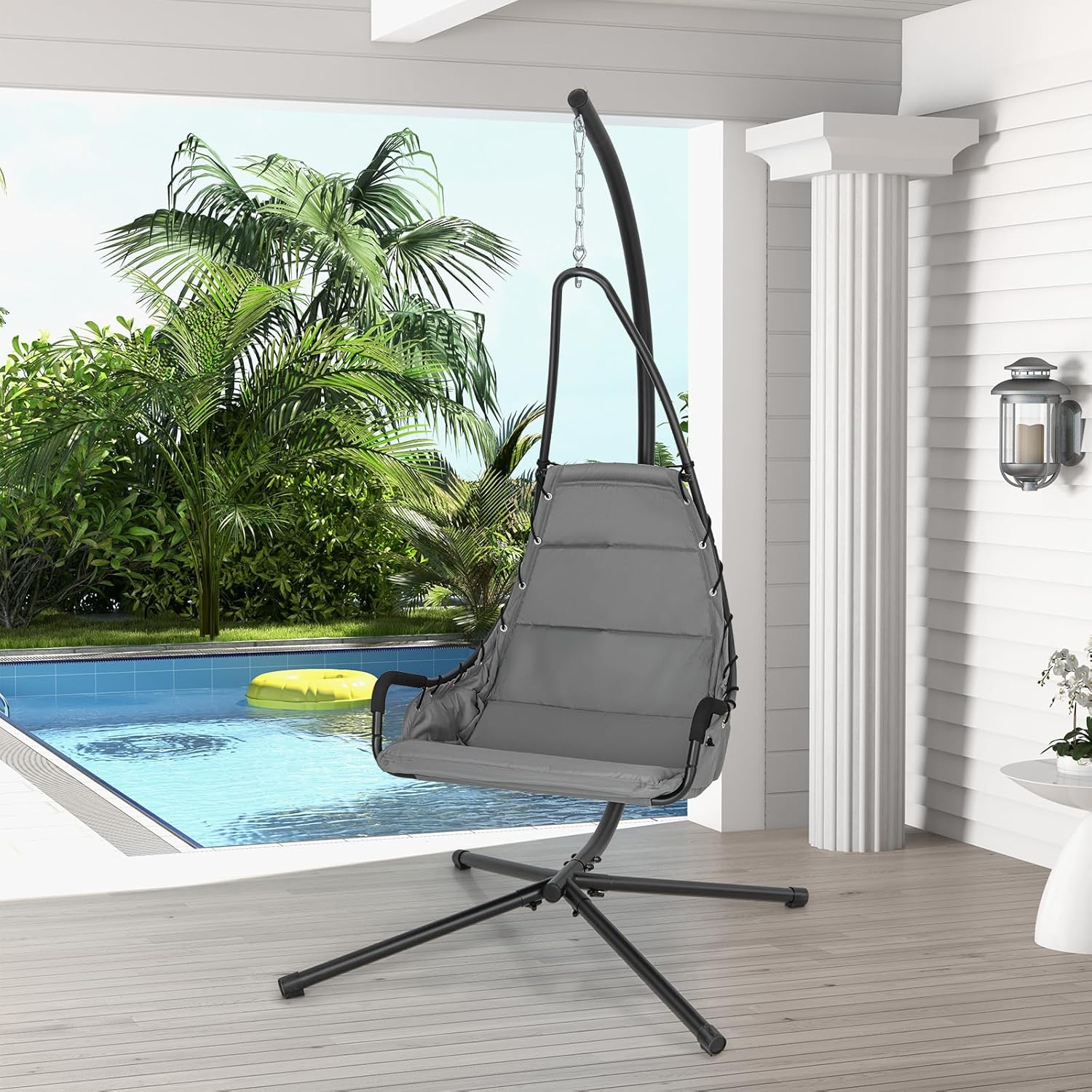 Giantex Silla colgante con soporte, hamaca columpio con asiento acolchado extragrande, marco de metal resistente, silla hamaca para interiores y