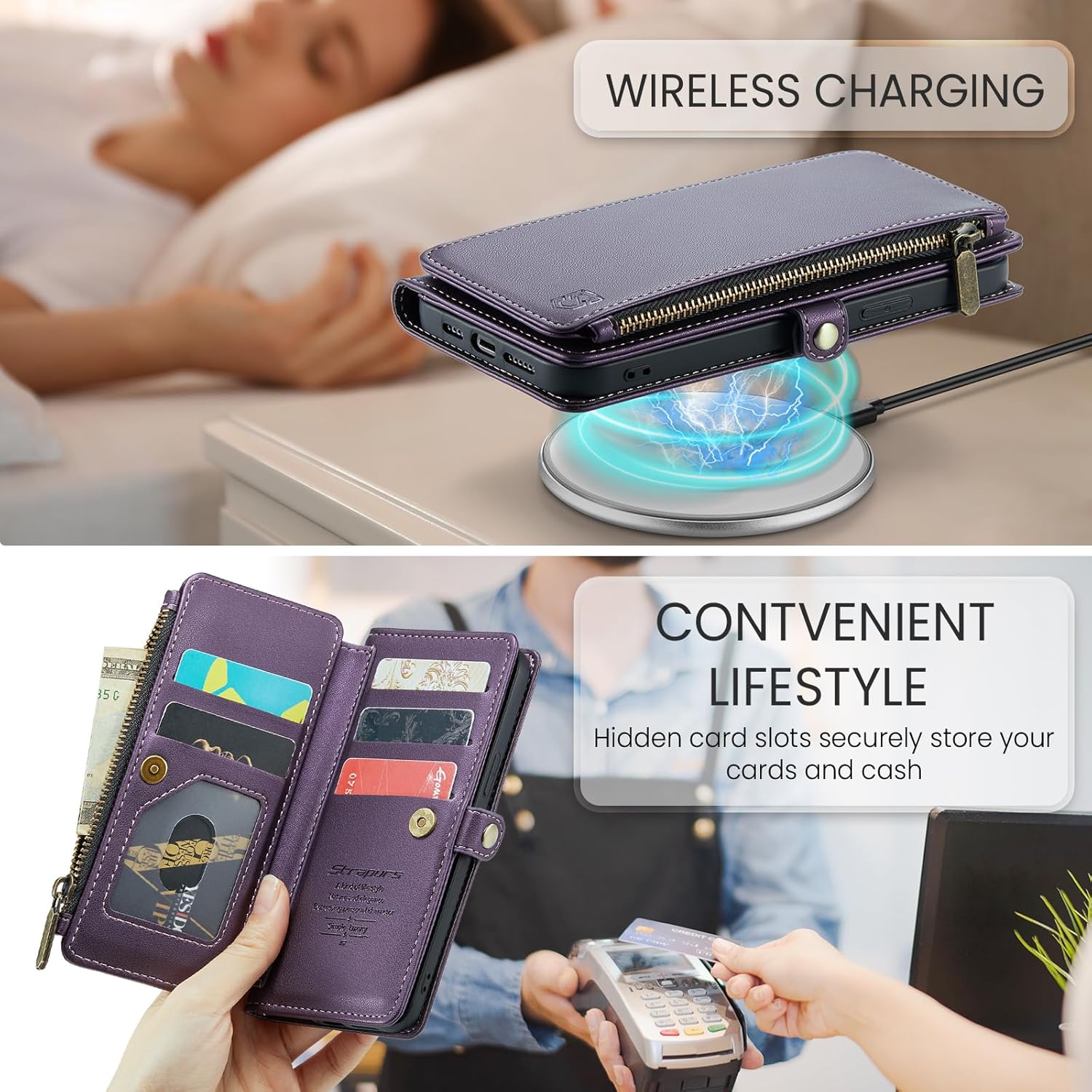 Funda tipo cartera compatible con iPhone 13 con tarjetero, bloqueo RFID, cremallera, para iPhone 13, cartera y muñequera, de piel sintética,