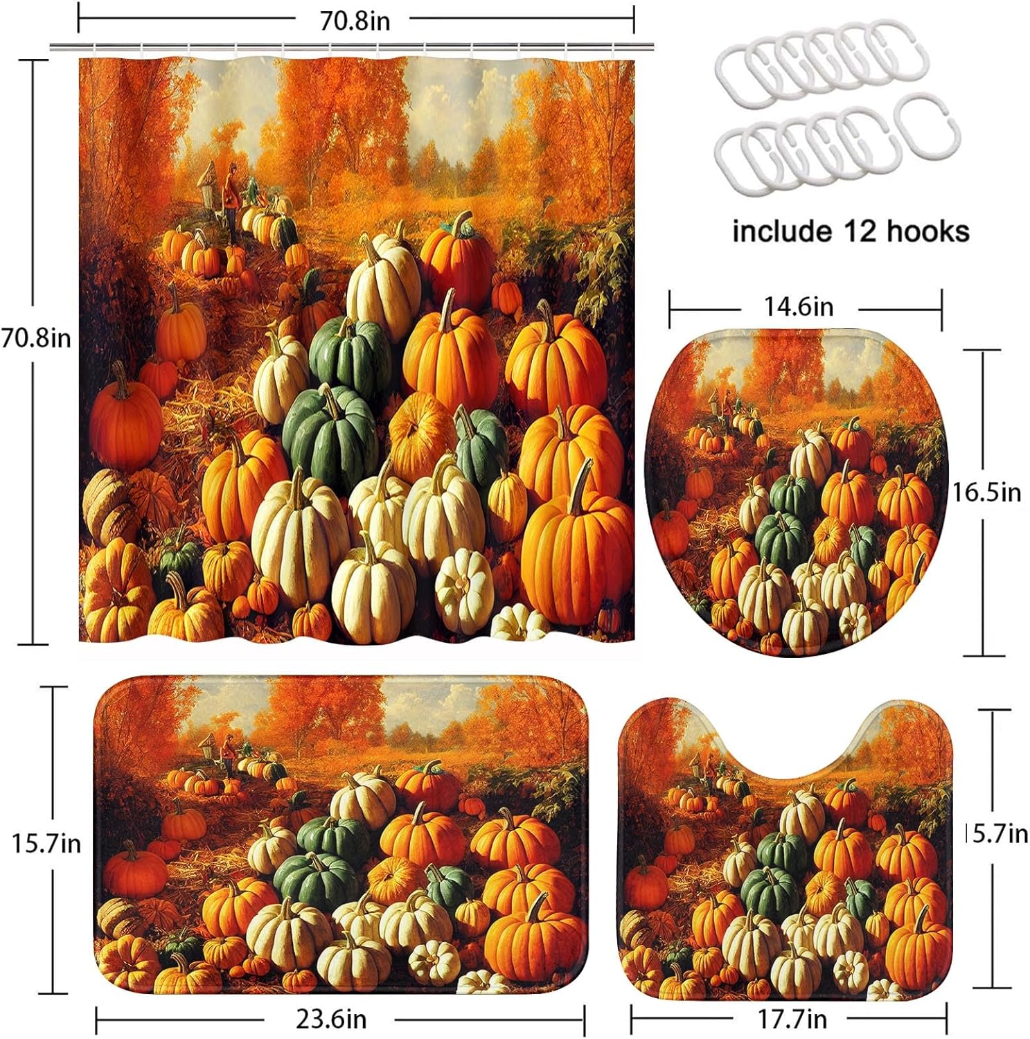 ArtSocket Juego de baño de Acción de Gracias con cortina de ducha y alfombras y accesorios, juego de cortinas de ducha naranja cosecha de madera
