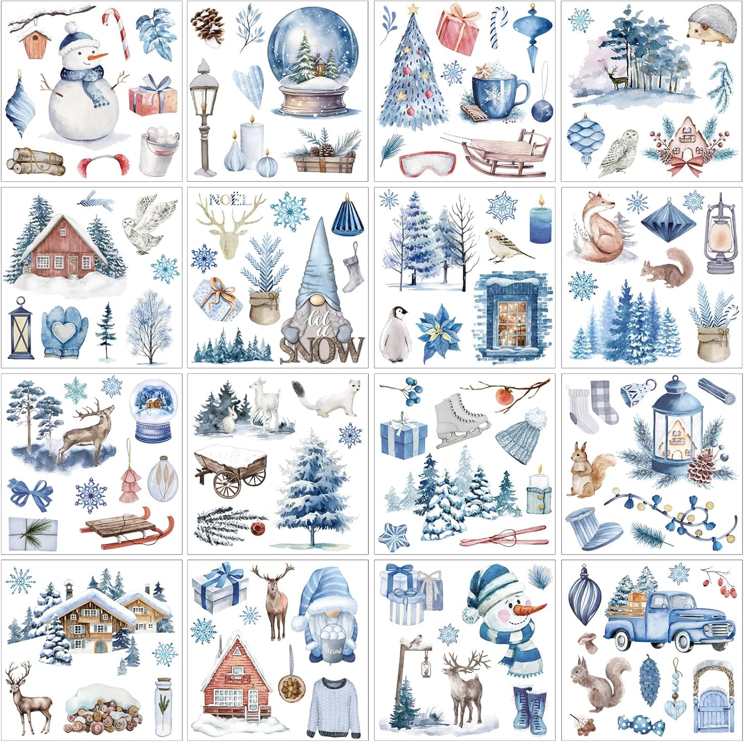 16 hojas de calcomanías de invierno para frotar en transferencias, calcomanías de estilo nieve, calcomanías para álbumes de recortes, calcomanías