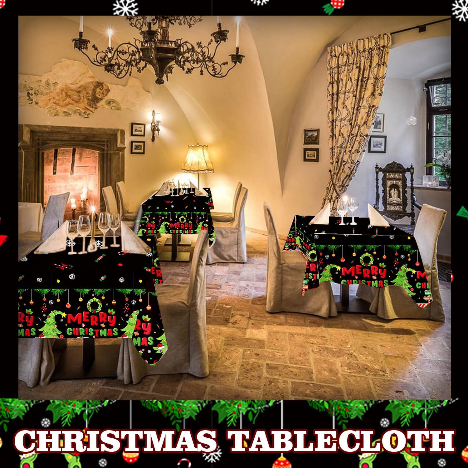 2 manteles desechables de Navidad, 108 x 54 pulgadas, rectangular, de plástico, impermeable, con patrones novedosos, corona de regalo de calcetines