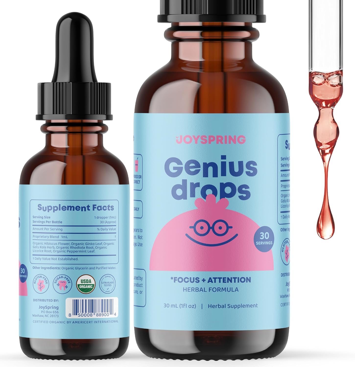JoySpring Genius Drops – Suplemento cerebral para niños y melatonina SleepBerry para niños con saúco, melatonina líquida para apoyar el sueño de los