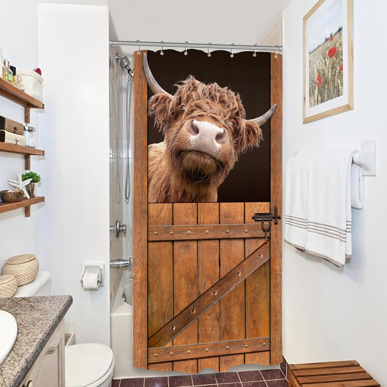 Riyidecor Stall – Cortina de ducha divertida de vaca de las tierras altas, 36 pulgadas de ancho x 72 pulgadas de alto, pequeñas cortinas rústicas