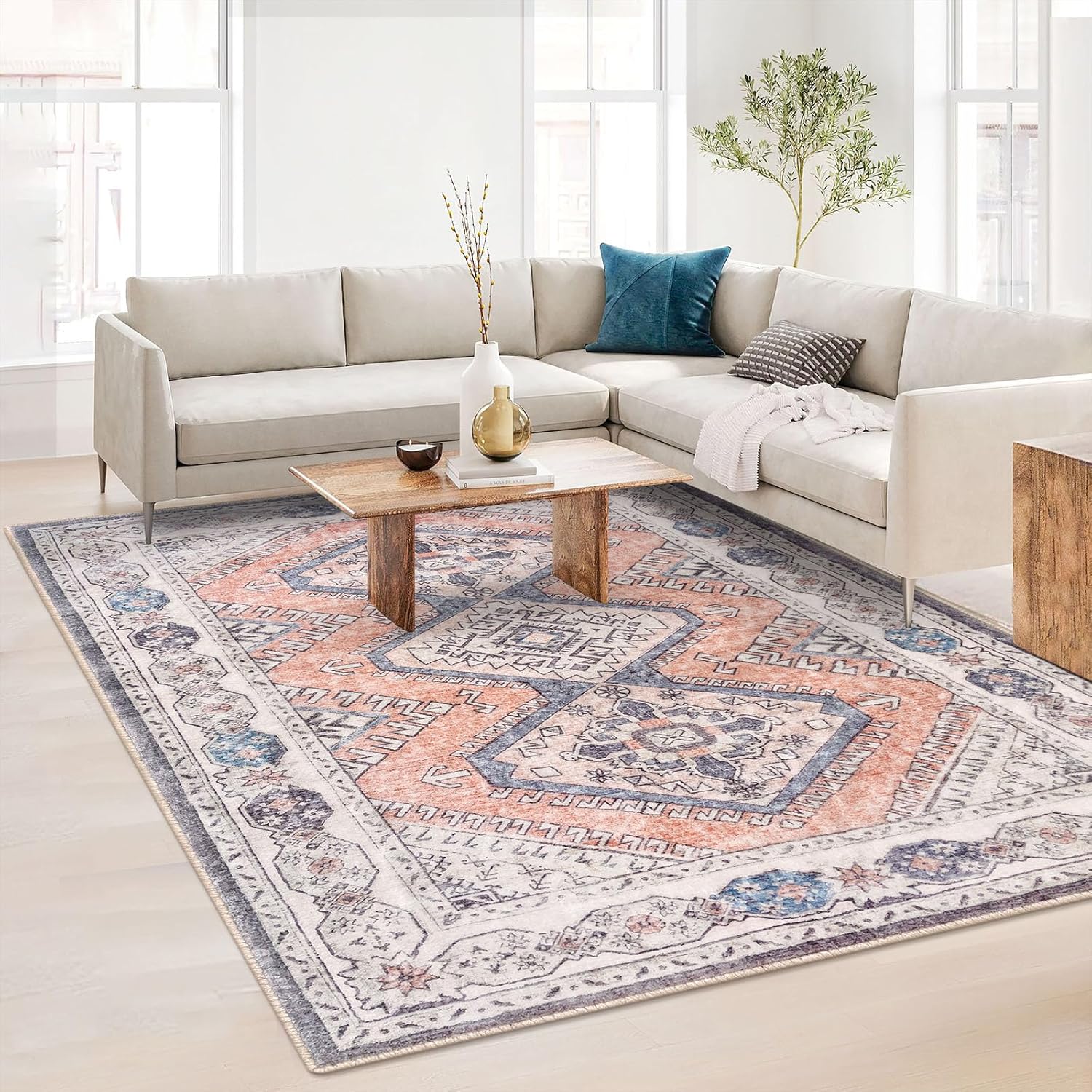 KUTA Alfombra oriental de 5 x 7 pies, color durazno, lavable para sala de estar, ultra suave, antideslizante, alfombra de dormitorio, alfombra de