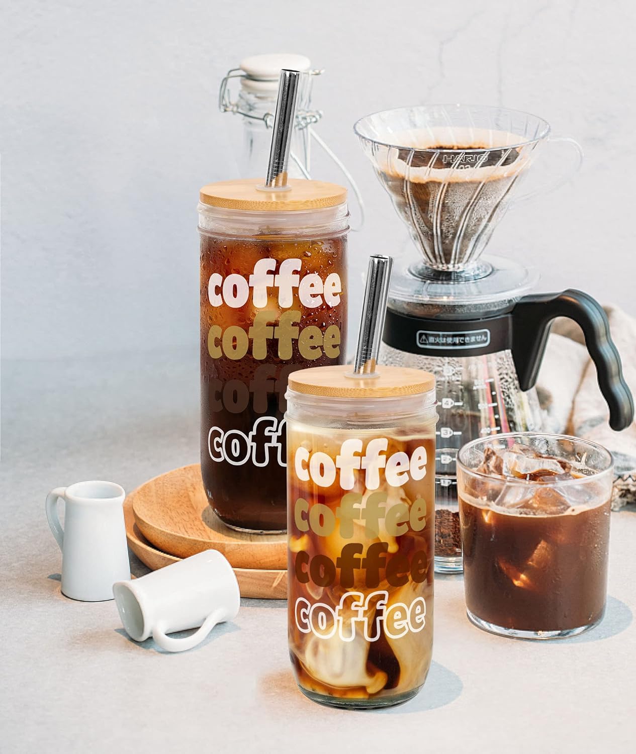 ANOTION Taza de café helado, tarro Mason con tapa y pajilla, vaso de boca ancha de 24 onzas, vasos reutilizables para beber batidos y agua, botellas