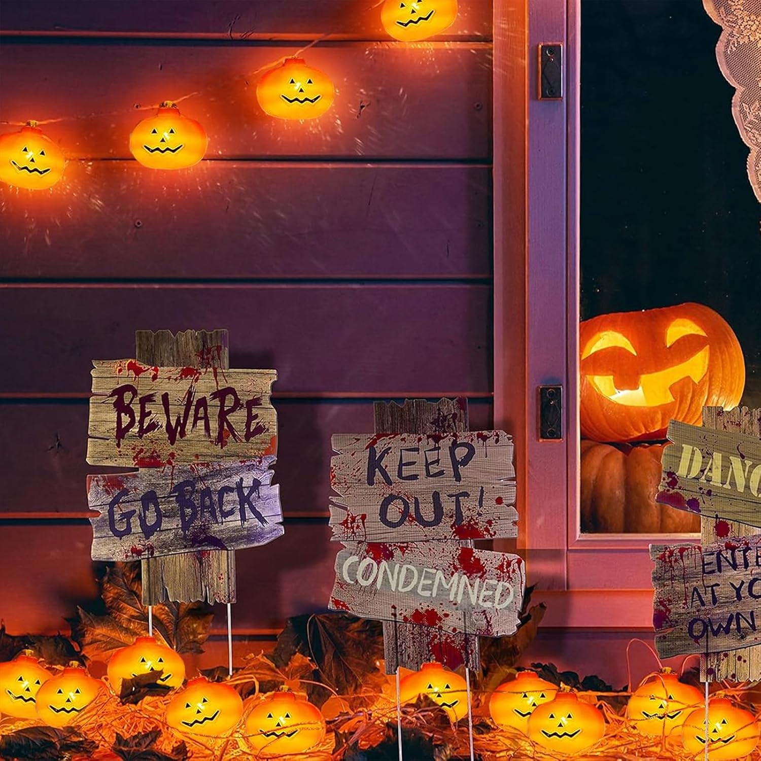 Guirnalda de luces de calabaza de Halloween, 17 pies, alimentadas por energía solar, 40 luces LED, luces Jack O Lantern, impermeables, decoraciones