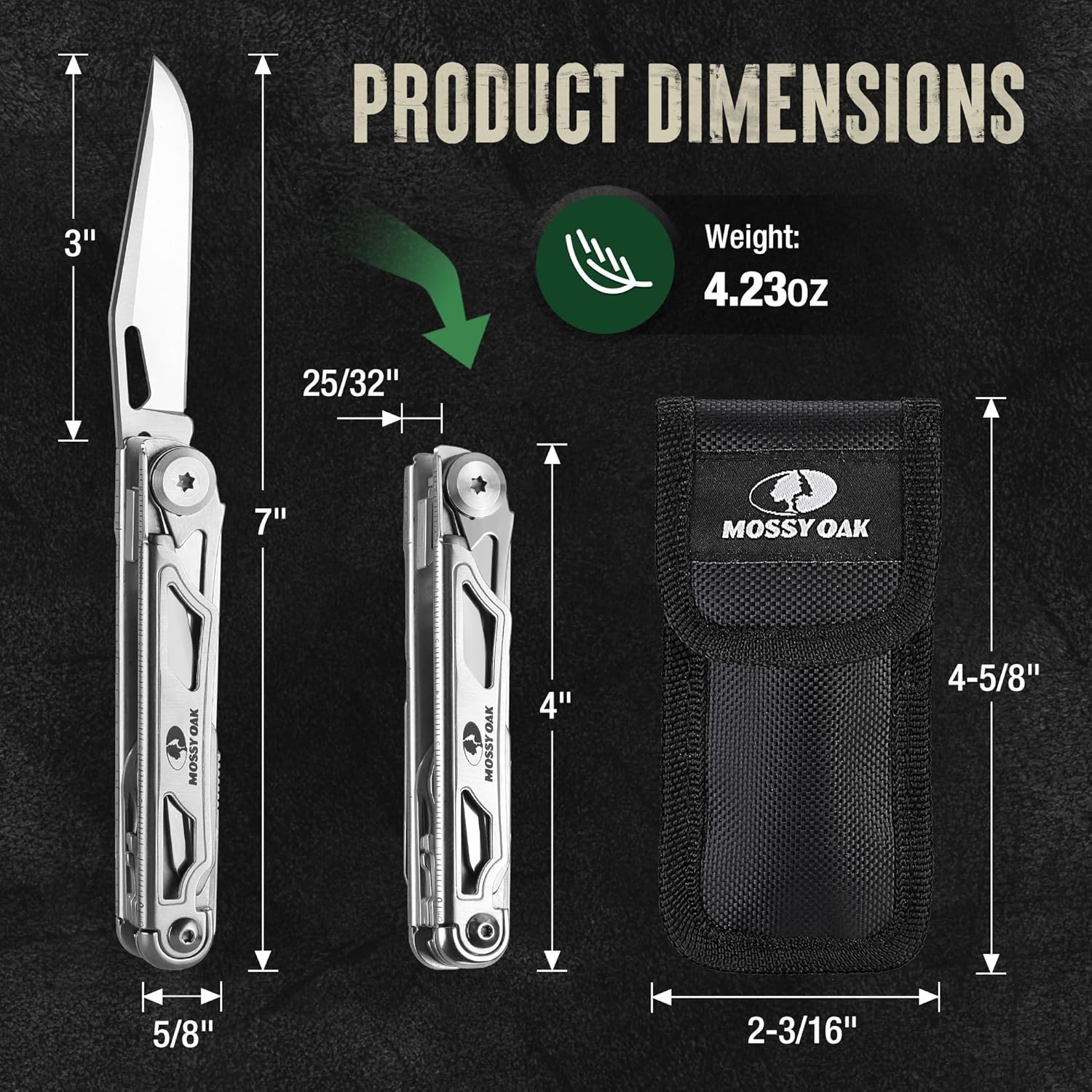 Mossy Oak Cuchillo de bolsillo multiherramienta 12 en 1 con bolsa, cuchillo multiherramienta de acero inoxidable con clip, herramientas de