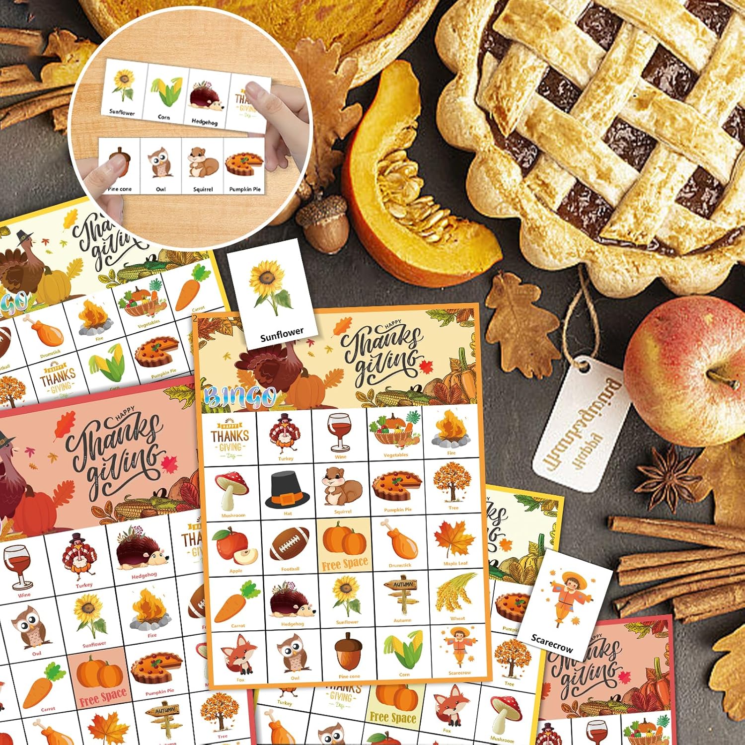 46 tarjetas de juego de bingo de Acción de Gracias para 30 jugadores, juegos de fiesta del día de Acción de Gracias, bingo de otoño para niños,