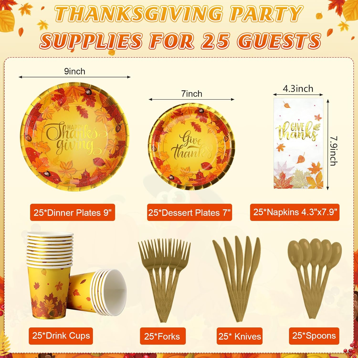 Juego de platos y servilletas de Acción de Gracias, suministros de fiesta de otoño con hojas de arce de otoño, vajilla desechable, platos de papel,