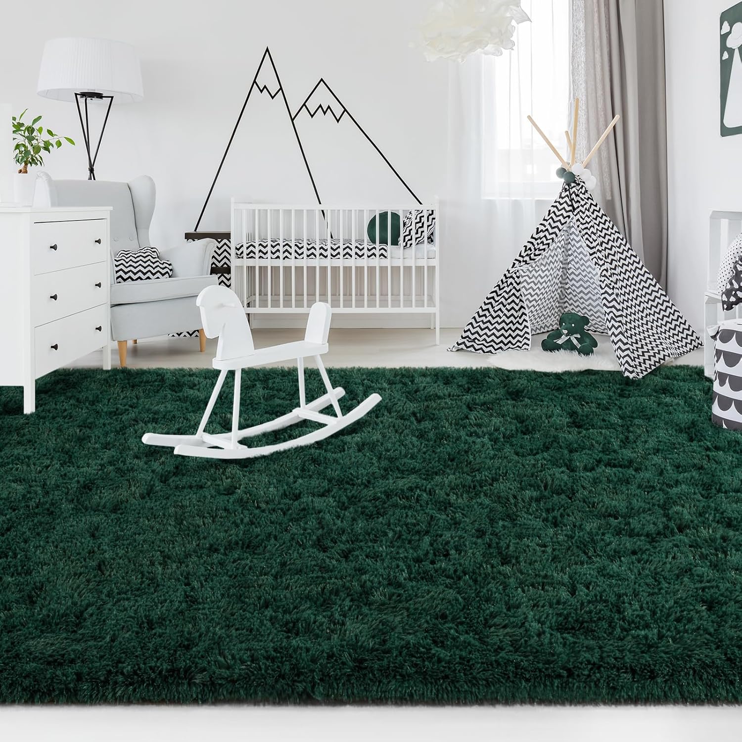 FlyDOIT Alfombras de área grandes para sala de estar, 5 x 8 pies, color verde profundo, alfombras peludas de felpa ultra suave, modernas alfombras