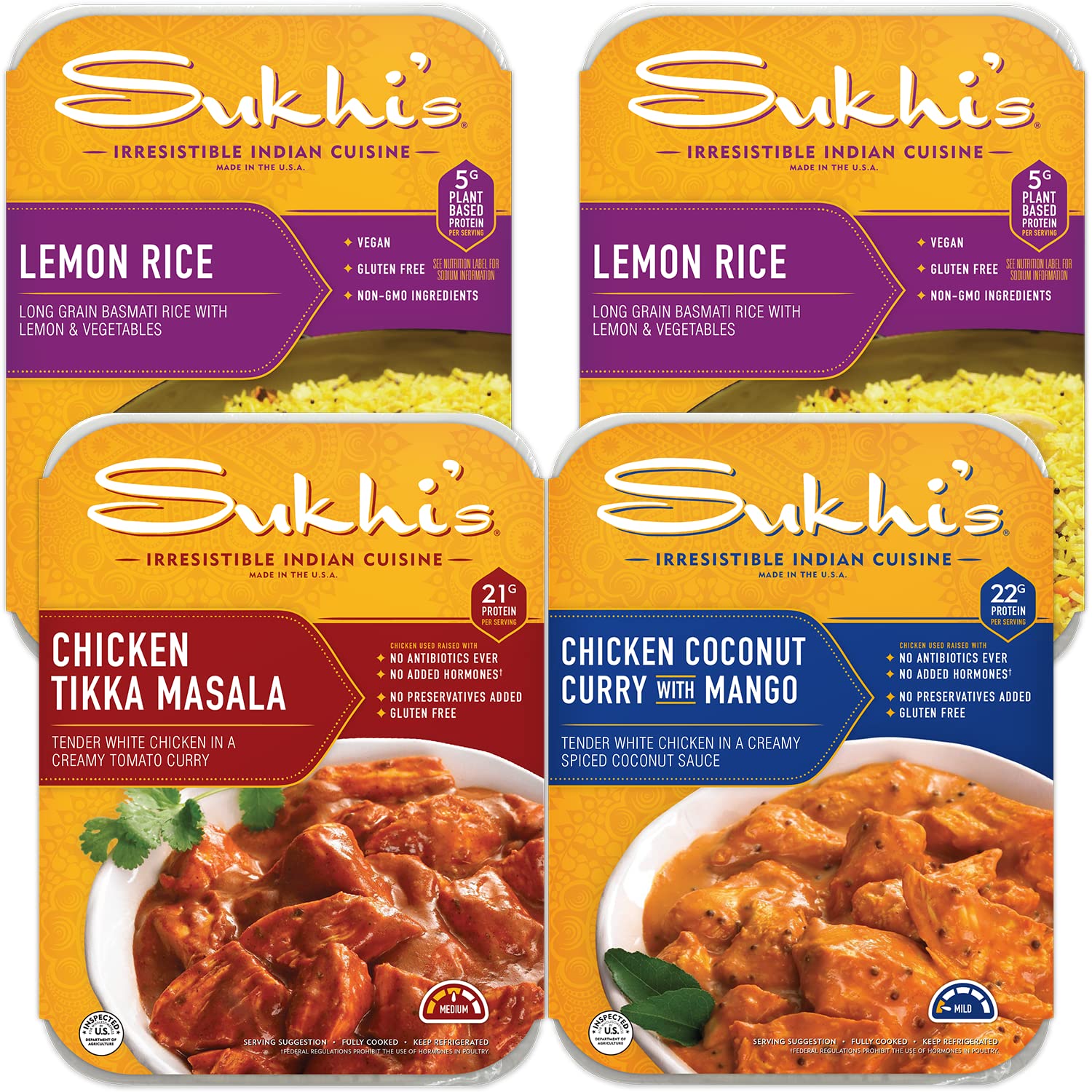 Sukhi’s Platos refrigerados de comida india  Comidas indias listas para comer  Paquete de cena familiar, 4 unidades