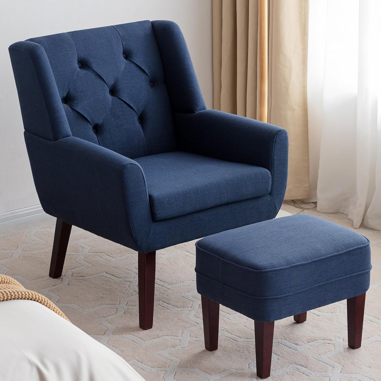 HUIMO Silla decorativa con otomana, sillón tapizado con botones, sofá de tela de lino, silla de lectura para sala de estar, silla para dormitorio,