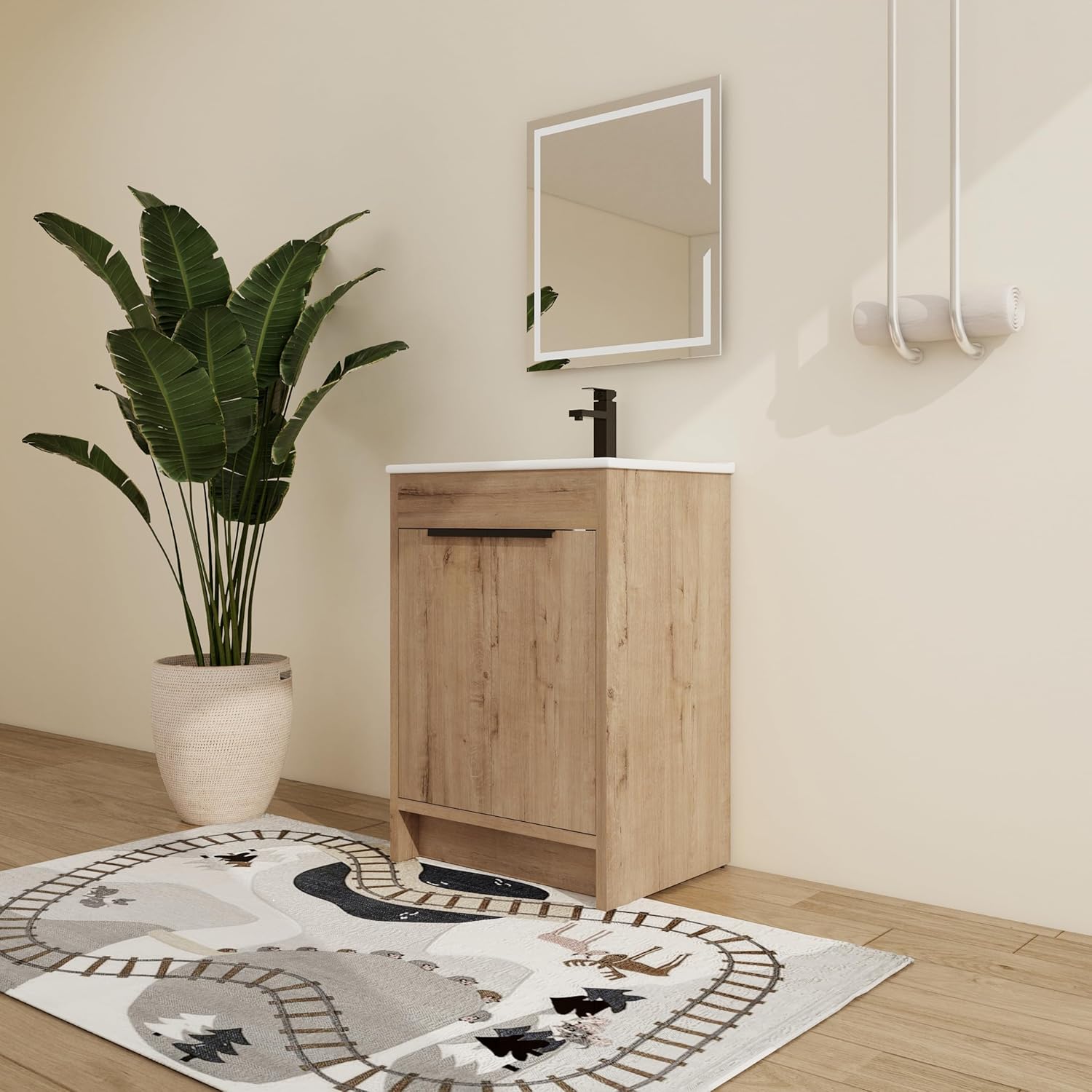 Vanidad de baño independiente de 24 pulgadas con fregadero, tocador de baño de pie de 24 pulgadas, tocador moderno con 2 puertas y lavabo de