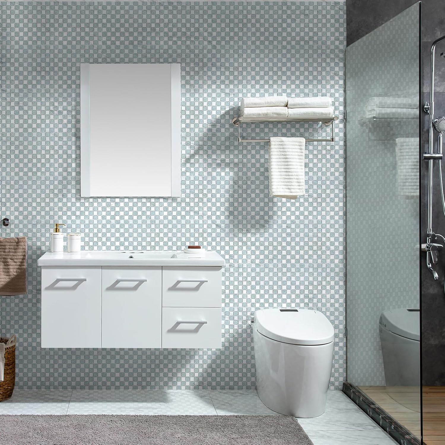6 hojas de azulejos de mosaico de espejo plano cuadrado plateado para salpicaduras de cocina y pared de baño