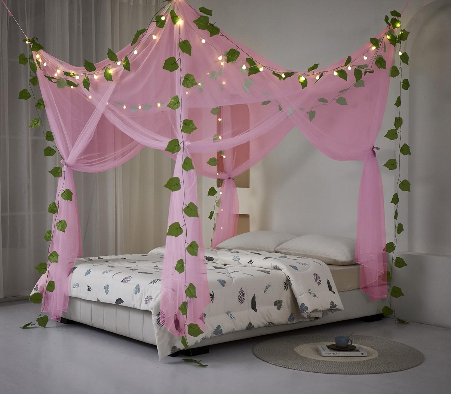 Akiky Cortinas de cama con dosel rosa princesa con luz LED de 16 colores, red de cama con domo para niñas y mujeres con decoración de hojas de vid