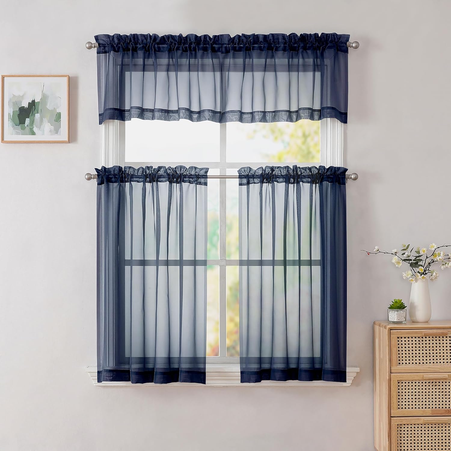 Simplebrand Cenefas azul marino de 14 pulgadas de largo para sala de estar, bolsillo de 2 paneles, filtrado de luz, traslúcidas, para ventana,