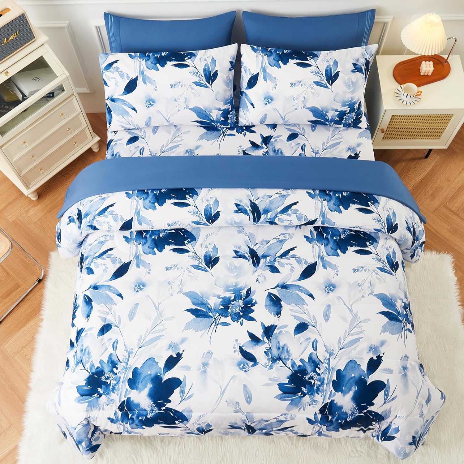 YIYEA Juego de edredón tamaño King  Estampado floral  7 piezas de cama en una bolsa  Juegos de ropa de cama para todas las estaciones con edredón,