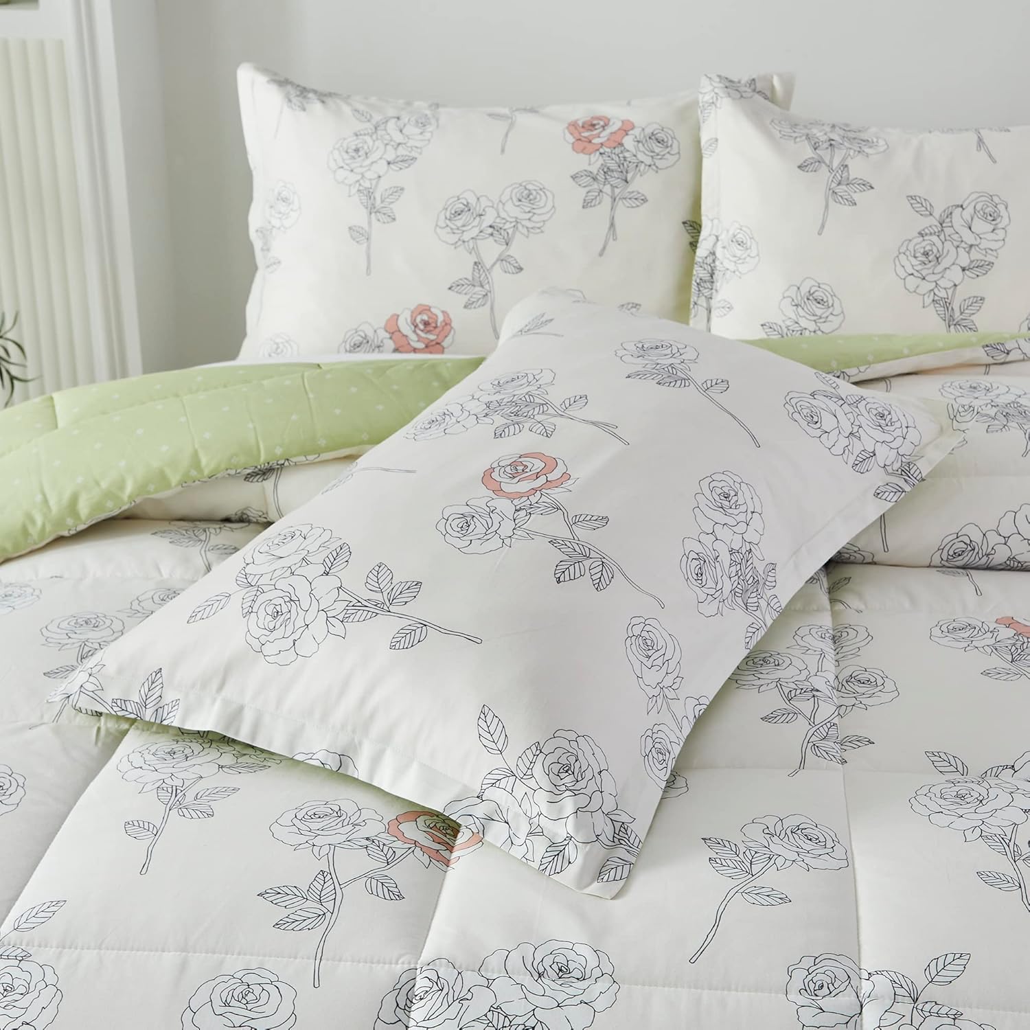 Lemfux Juego de edredón de 3 piezas, 100 % algodón, estampado floral, elegante, blanco, verde, reversible, con plumón alternativo, edredón ligero