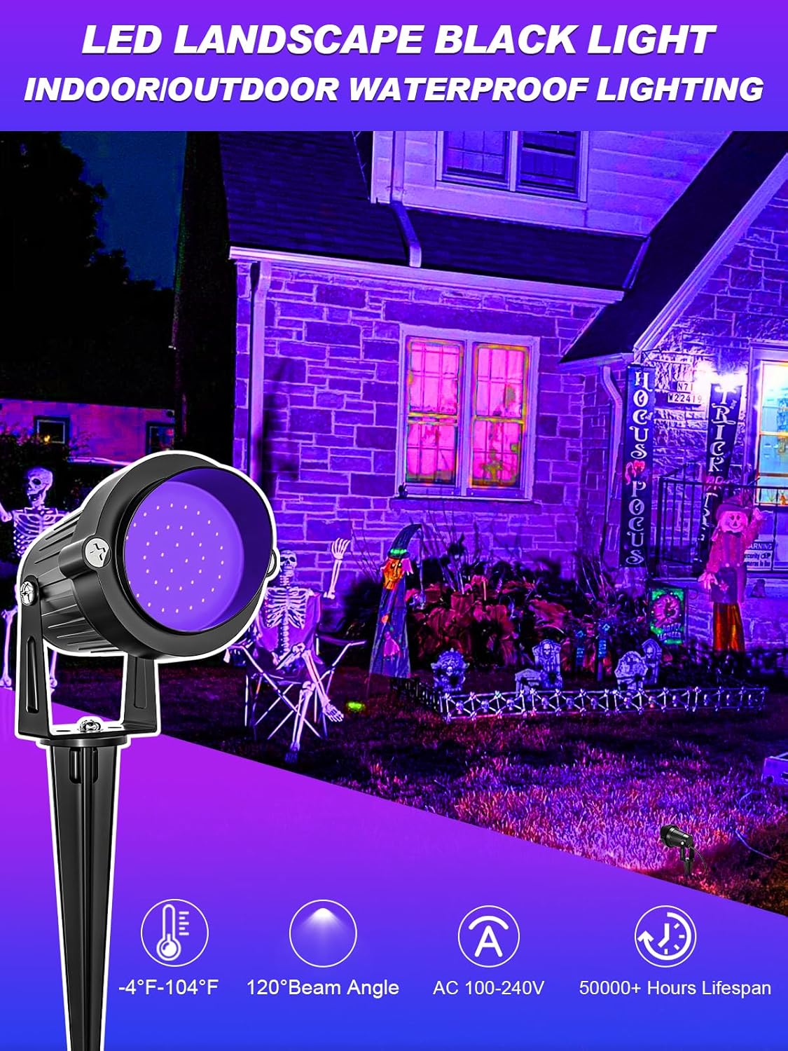 Proyector de Halloween de 15 W, luces LED negras, iluminación de paisaje, impermeable, luz negra al aire libre con enchufe de EE. UU. para fiesta de
