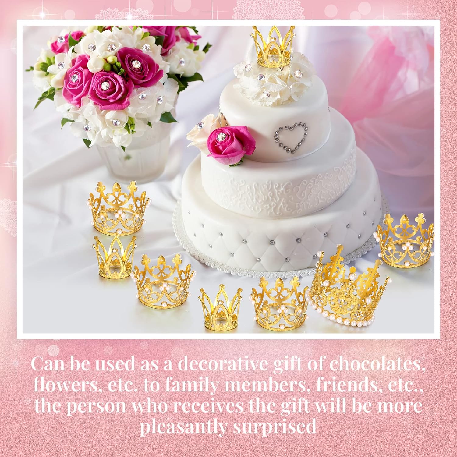 208 piezas de accesorios para ramo de flores incluyen 200 ramos de diamantes de imitación ramilletes y 8 mini tiara dorada corona de pastel para