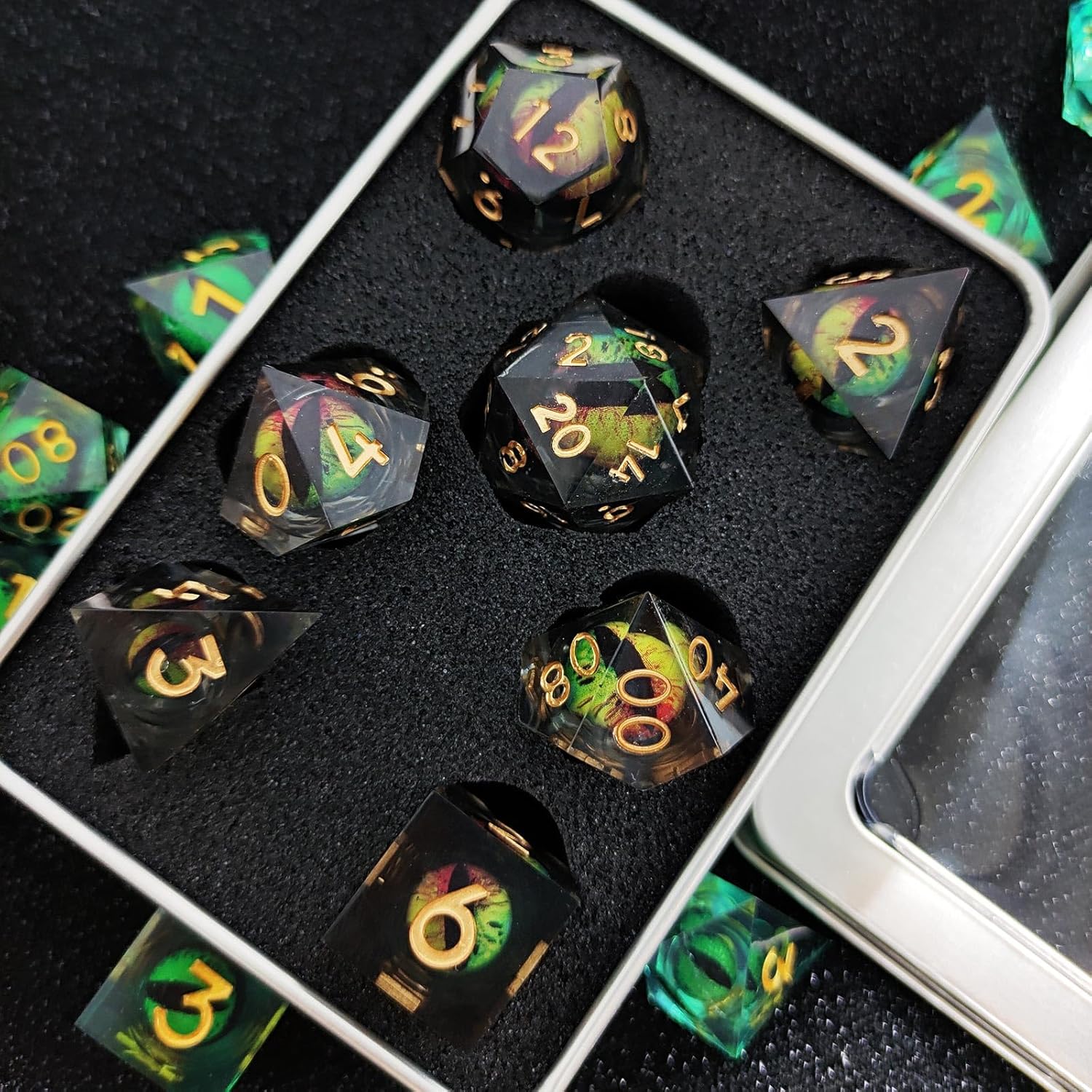 IUADKXD – Juego de dados DND  Dados de ojo de dragón movibles de núcleo líquido, dados de poliedro D&D, hechos a mano, de resina, RPG, juego de rol