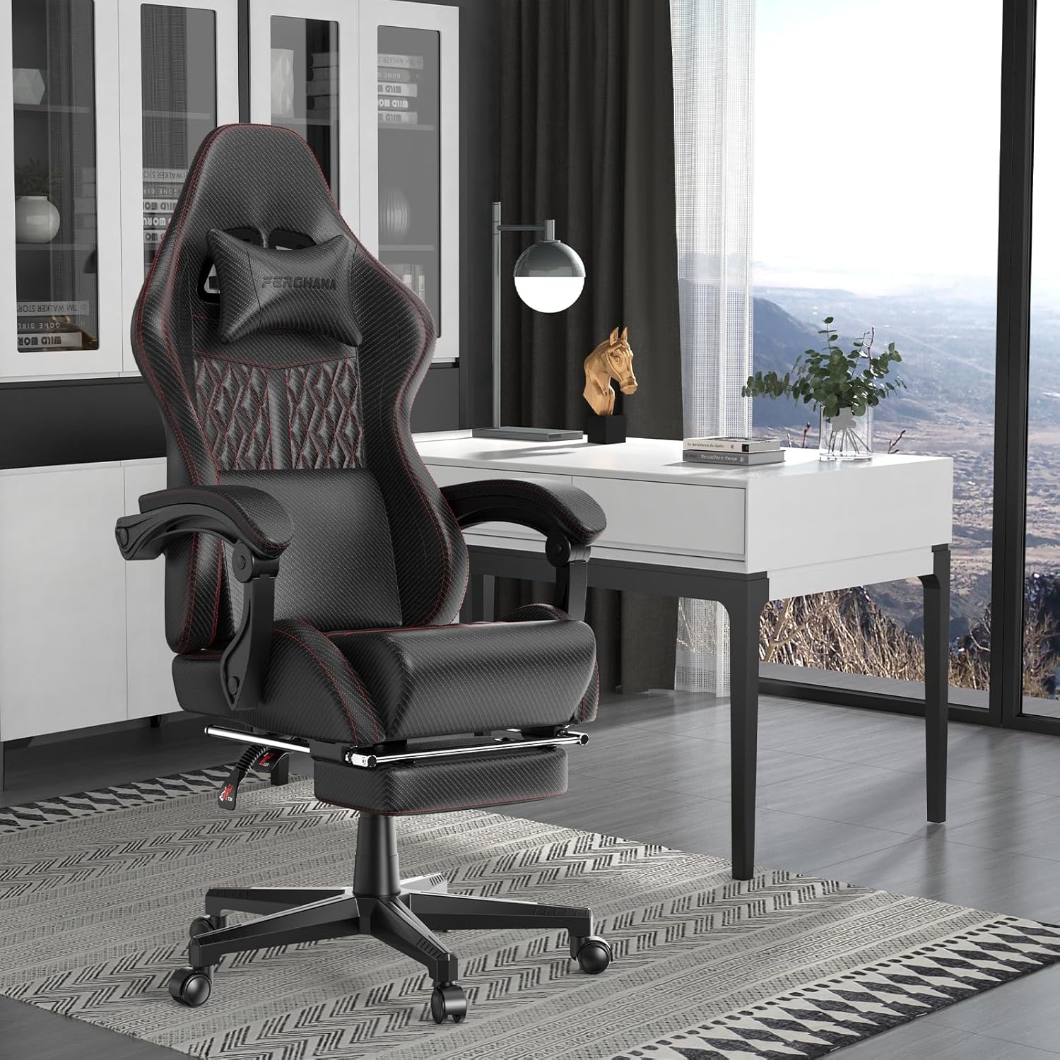 Ferghana Silla de juegos con piel sintética vintage, silla de jugador de respaldo alto con masaje, silla ergonómica de computadora de oficina con