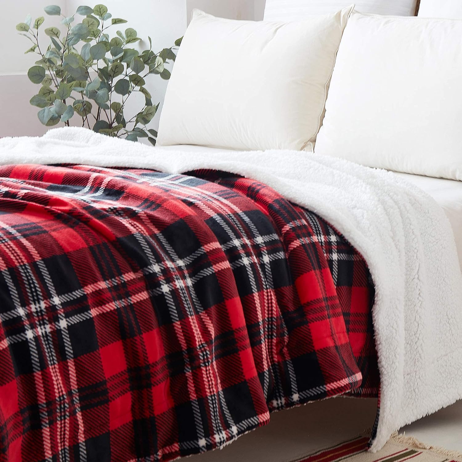 SOCHOW Manta de forro polar Sherpa a cuadros de doble cara, súper suave y lujosa manta de cama de 50 x 60 pulgadas, rojogris