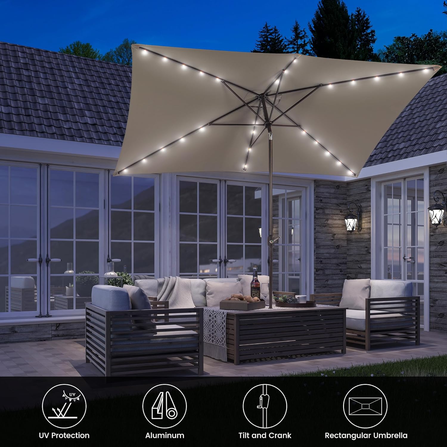 MONDAWE Paraguas rectangular de mercado con luces LED solares de 10 x 6.5 pies para exteriores, sombrilla de patio con manivela, sombrilla de mesa