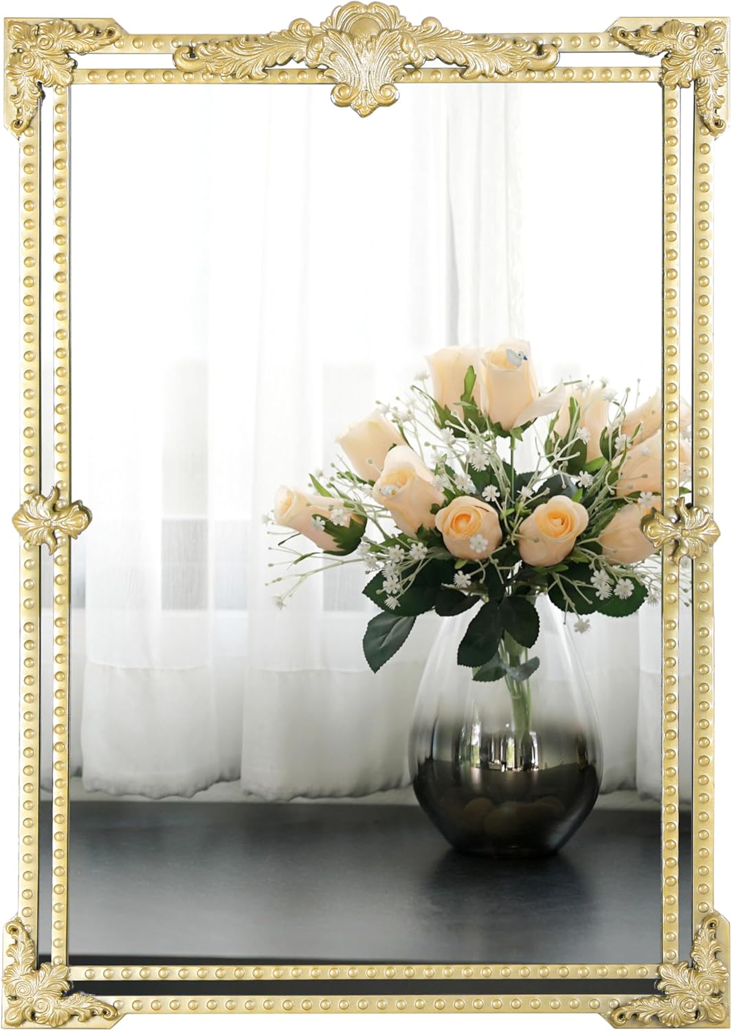 Cozdecor Espejo antiguo con marco de metal de 41 x 29 pulgadas, espejo de pared vintage dorado, espejo barroco