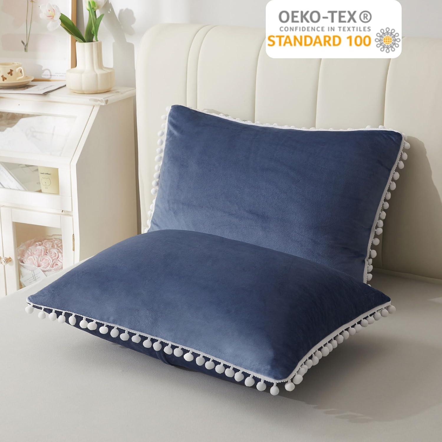 LIFEREVO Juego de 2 fundas de almohada de terciopelo suave con pompones, fundas de almohada decorativas con flecos, bonitas fundas de almohada con