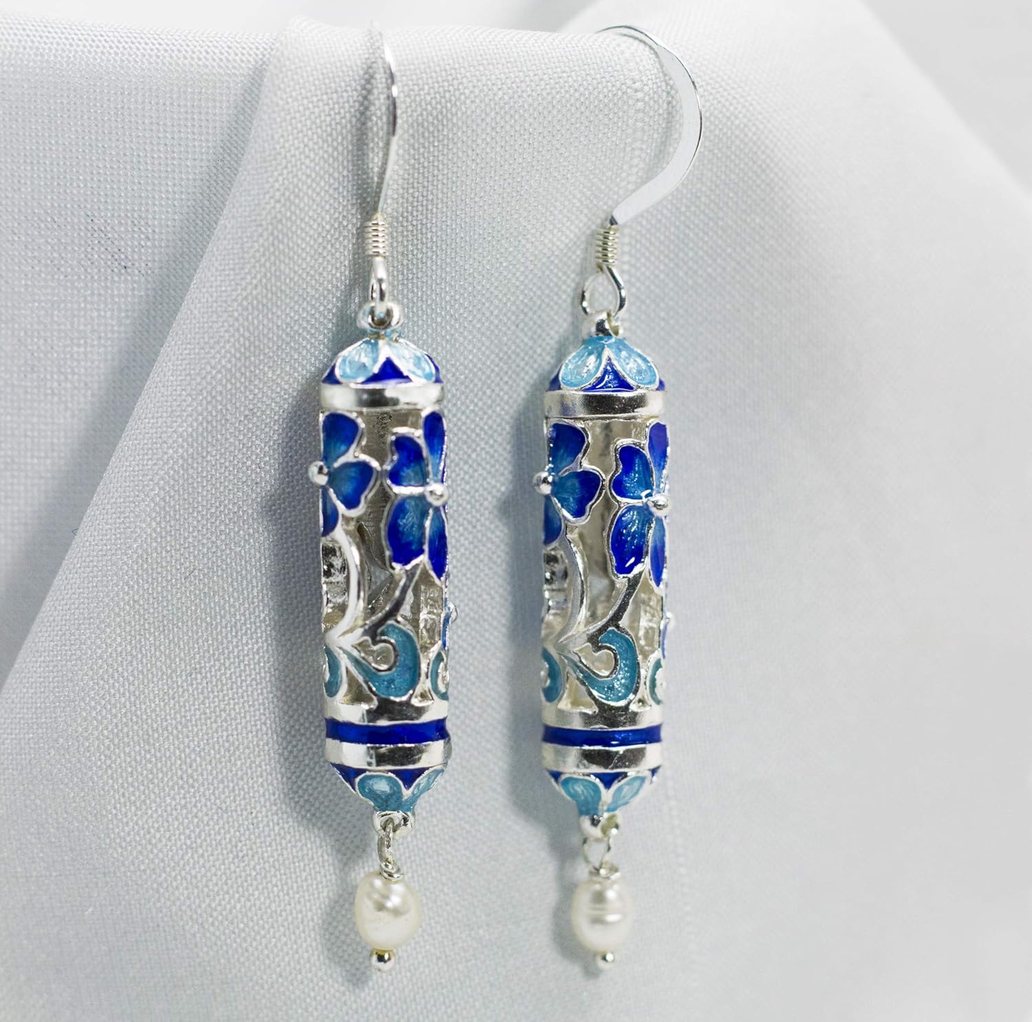 925 Sterling Silver Flower Earrings Freshwater Pearls Jewelry for Women Blue Enamel Long Earrings on Hook