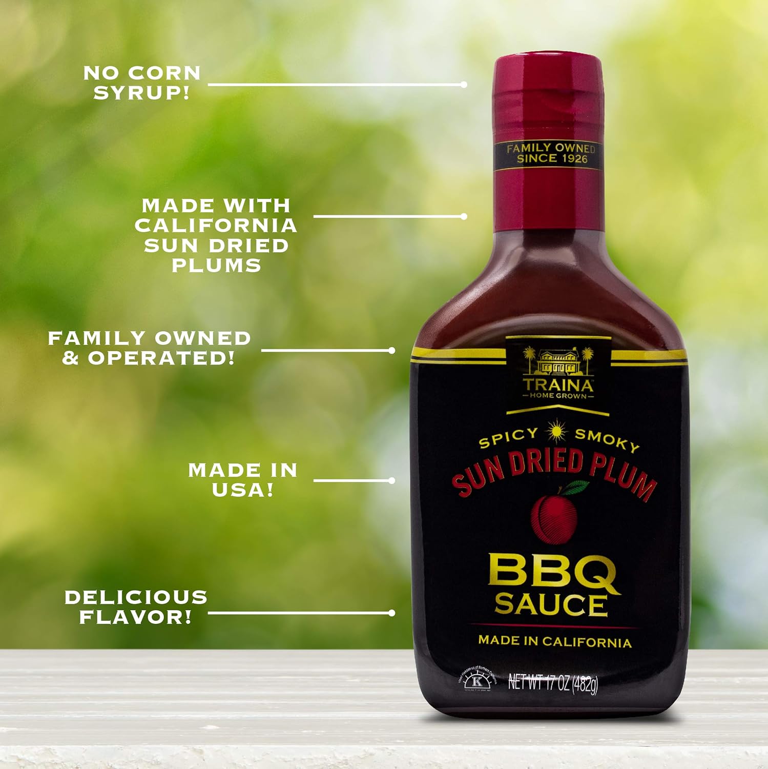 Traina Home Grown California Salsa de barbacoa de ciruela seca al sol, sin jarabe de maíz, sabor picante y ahumado, empaquetado en botella de 17