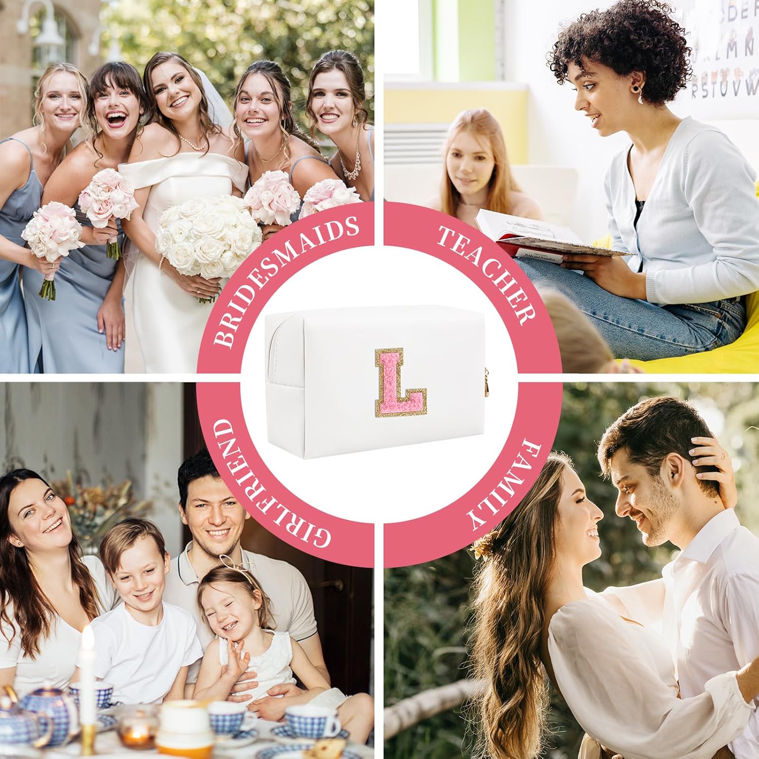 Bolsa de maquillaje personalizada con parche de letra inicial, bolsa de cosméticos con cremallera, Letra blancarosa